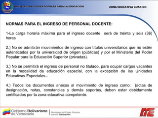 NORMAS PARA EL INGRESO DE PERSONAL DOCENTE: 1-La carga horaria máxima para el ingreso docente  será de treinta y seis (36) horas 2.) No se admitirán movimientos de ingreso con títulos universitarios que no estén autenticados por la universidad de origen (públicas) y por el Ministerio del Poder Popular para la Educación Superior (privadas). 3.) No se permitirá el ingreso de personal no titulado, para ocupar cargos vacantes en la modalidad de educación especial, con la excepción de las Unidades Educativas Especiales.- 4.) Todos   los documentos anexos al movimiento de ingreso como:  (actas de designación, notas, constancias y demás soportes, deben estar debidamente certificados por la zona educativa competente. ZONA EDUCATIVA GUARICO 