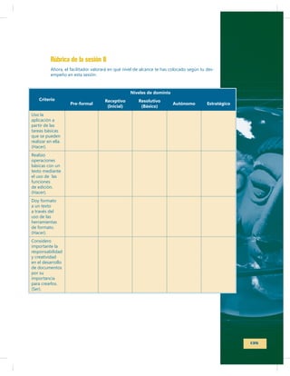Rúbrica de la sesión B
-

Niveles de dominio
Criterio

Pre-formal

Receptivo
(Inicial)

Resolutivo
(Básico)

Autónomo

Estratégico

135

 