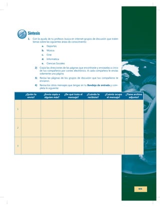 Síntesis
1.
a.
b.
c.
d.
e.
2)

3)
4)
¿Quién lo
envía?

Bandeja de entrada
¿Envía copia a
alguien más?

¿De qué trata el
mensaje?

¿Cuándo lo
recibiste?

-

¿Cuánto ocupa
el mensaje?

¿Tiene archivo
adjunto?

65

 