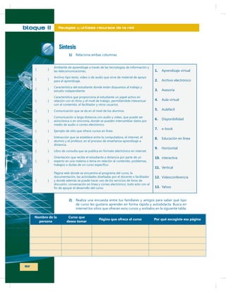 bloque II

Navegas y utilizas recursos de la red

Síntesis
1)

1.

A

2.
3.
4.
5.
6.
7.
8.
9.
10.
11.
12.
13.

2)

Nombre de la
persona

82

Curso que
desea tomar

Página que ofrece el curso

Por qué escogiste esa página

 
