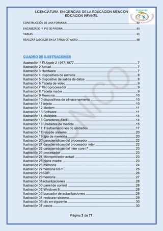 LICENCIATURA EN CIENCIAS DE LA EDUCACION MENCION
EDICACION INFANTIL
Página 3 de 71
CONSTRUCCIÓN DE UNA FORMULA.....................................................................................62
ENCABEZADO Y PIE DE PÁGINA..........................................................................................63
TABLAS..............................................................................................................................65
REALIZAR CALCULOS EN LA TABLA DE WORD.......................................................................68
Ilustración 1 El Apple 2 1957-1977.............................................................................7
Ilustración 2 Actual.........................................................................................................7
Ilustración 3 Hardware ..................................................................................................7
Ilustración 4 dispositivos de entrada...........................................................................8
Ilustración 5 dispositivo de salida de datos ...............................................................8
Ilustración 6 Tarjeta de video .......................................................................................9
Ilustración 7 Microprocesador......................................................................................9
Ilustración 8 Tarjeta madre ...........................................................................................9
Ilustración 9 Memoria..................................................................................................10
Ilustración 10 dispositivos de almacenamiento.......................................................10
Ilustración 11tarjeta .....................................................................................................10
Ilustración 12 Modem ..................................................................................................11
Ilustración 13 Software................................................................................................11
Ilustración 14 Múltiplos................................................................................................14
Ilustración 15 Caracteres Ascll ..................................................................................14
Ilustración 16 Unidades de medida...........................................................................15
Ilustración 17 Trasfoemaciones de unidades..........................................................17
Ilustración 18 reloj de sistema ...................................................................................20
Ilustración 19 tipo de memoria...................................................................................20
Ilustración 20 características del procesador ..........................................................22
Ilustración 21 características del procesador inter .................................................22
Ilustración 22 características del inter core i7 .........................................................23
Ilustración 23 procesador ...........................................................................................23
Ilustración 24 Microprocedor actual ..........................................................................23
Ilustración 25 placa madre .........................................................................................23
Ilustración 26 memoria................................................................................................24
Ilustración 27memoria Ram .......................................................................................25
Ilustración 28SDR ........................................................................................................26
Ilustración 29memoria.................................................................................................27
Ilustración 31actualizaciones .....................................................................................28
Ilustración 30 panel de control...................................................................................28
Ilustración 32 Windows 8 ............................................................................................28
Ilustración 33 buscador de actualizaciones .............................................................28
Ilustración 34 restaurar sistema.................................................................................29
Ilustración 36 clic en siguiente ...................................................................................30
Ilustración 37 pasos.....................................................................................................30
 