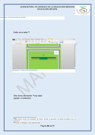 LICENCIATURA EN CIENCIAS DE LA EDUCACION MENCION,
EDUCACION INFANTIL
Página 66 de 71
Estilo de la tabla 58
Otra forma de insertar 59una tabla
(ajustar a contenido)
58 Se refiere al tipo de modelado de datos, donde se guardan los datos recogidos por un
programa.
59 Incluir o introducir una cosa en otra.
Ilustración 115 sombreado de la tabla
Ilustración 116herramientas de tabla
 