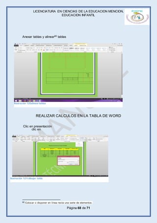 LICENCIATURA EN CIENCIAS DE LA EDUCACION MENCION,
EDUCACION INFANTIL
Página 68 de 71
Anexar tablas y alinear60 tablas
REALIZAR CALCULOS EN LA TABLA DE WORD
Clic en presentación
clic en
60 Colocar o disponer en línea recta una serie de elementos.
Ilustración 121t dibujar tabla
Ilustración 120alinear tablas
 