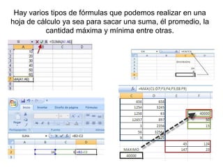 Hay varios tipos de fórmulas que podemos realizar en una
hoja de cálculo ya sea para sacar una suma, él promedio, la
cantidad máxima y mínima entre otras.
 