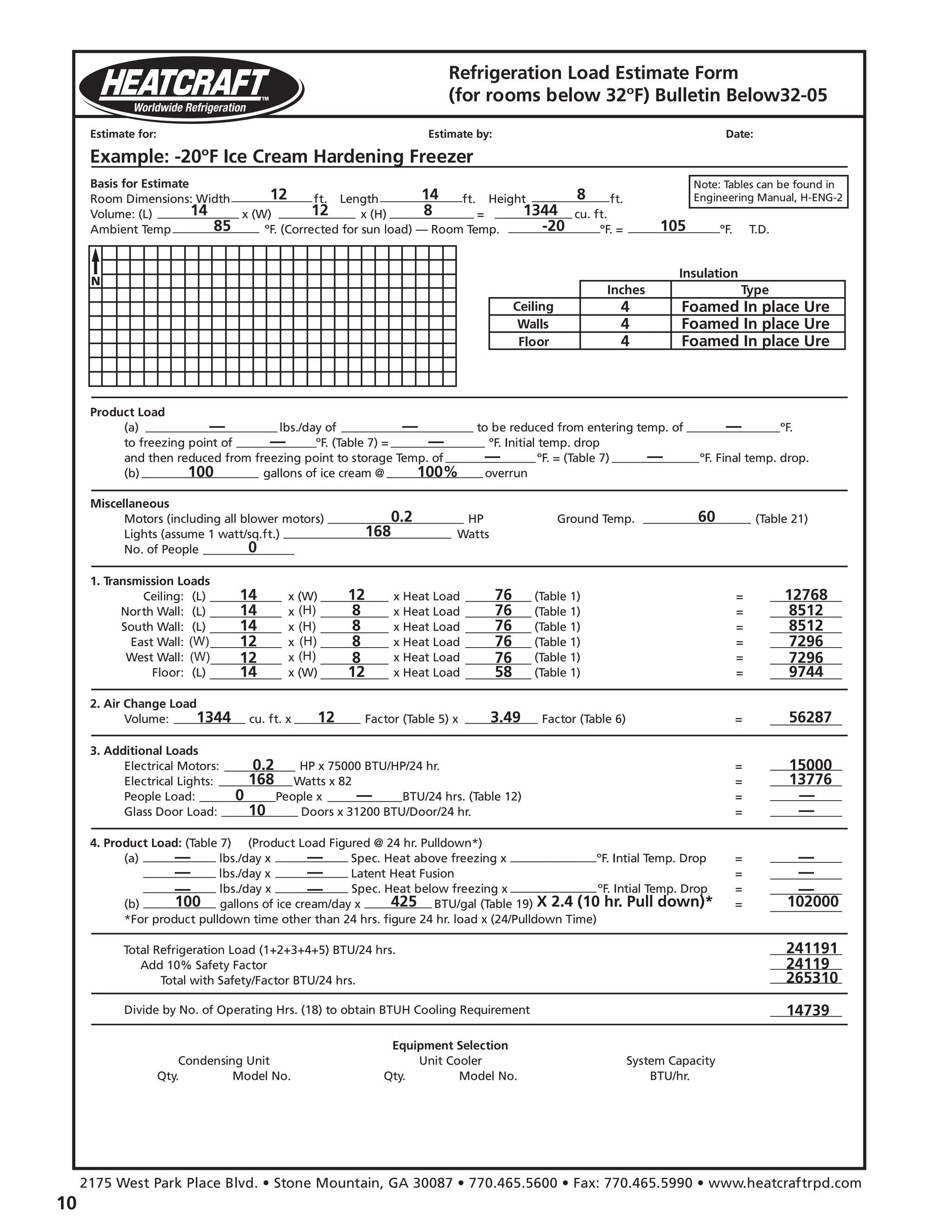 10
Refrigeration Load Estimate Form
(for rooms below 32ºF) Bulletin Below32-05
Estimate for:
Basis for Estimate
Room Dimensions: Width ft. x Length ft. x Height ft.
Volume: (L) x (W) x (H) = cu. ft.
Ambient Temp ºF. (Corrected for sun load) — Room Temp. ºF. = ºF. T.D.
Product Load
(a) lbs./day of to be reduced from entering temp. of ºF.
to freezing point of ºF. (Table 7) = ºF. Initial temp. drop
and then reduced from freezing point to storage Temp. of ºF. = (Table 7) ºF. Final temp. drop.
(b) gallons of ice cream @ overrun
Miscellaneous
Motors (including all blower motors) HP Ground Temp. (Table 21)
Lights (assume 1 watt/sq.ft.) Watts
No. of People
2. Air Change Load
Volume: cu. ft. x Factor (Table 5) x Factor (Table 6) =
3. Additional Loads
Electrical Motors: HP x 75000 BTU/HP/24 hr. =
Electrical Lights: Watts x 82 =
People Load: People x BTU/24 hrs. (Table 12) =
Glass Door Load: Doors x 31200 BTU/Door/24 hr. =
4. Product Load: (Table 7) (Product Load Figured @ 24 hr. Pulldown*)
(a) lbs./day x Spec. Heat above freezing x ºF. Intial Temp. Drop =
lbs./day x Latent Heat Fusion =
lbs./day x Spec. Heat below freezing x ºF. Intial Temp. Drop =
(b) gallons of ice cream/day x BTU/gal (Table 19) =
*For product pulldown time other than 24 hrs. figure 24 hr. load x (24/Pulldown Time)
Divide by No. of Operating Hrs. (18) to obtain BTUH Cooling Requirement
Equipment Selection
Condensing Unit Unit Cooler System Capacity
Qty. Model No. Qty. Model No. BTU/hr.
Total Refrigeration Load (1+2+3+4+5) BTU/24 hrs.
Add 10% Safety Factor
Total with Safety/Factor BTU/24 hrs.
1. Transmission Loads
Ceiling: (L) x (W) x Heat Load (Table 1) =
North Wall: (L) x (W) x Heat Load (Table 1) =
South Wall: (L) x (W) x Heat Load (Table 1) =
East Wall: (L) x (W) x Heat Load (Table 1) =
West Wall: (L) x (W) x Heat Load (Table 1) =
Floor: (L) x (W) x Heat Load (Table 1) =
Estimate by: Date:
Insulation
Inches
Ceiling
Walls
Floor
Type
Note: Tables can be found in
Engineering Manual, H-ENG-2
2175 West Park Place Blvd. • Stone Mountain, GA 30087 • 770.465.5600 • Fax: 770.465.5990 • www.heatcraftrpd.com
(H)
(H)
(H)
Example: -20ºF Ice Cream Hardening Freezer
12 14 8
14 12 8 1344
85 -20 105
4 Foamed In place Ure
4 Foamed In place Ure
4 Foamed In place Ure
— —						 —
— —
							 — —
100 100%
0.2 60
168
0
14 12 76 12768
14 8 76 8512
14 8 76 8512
12 8 76 7296
12 8 76 7296
14 12 58 9744
1344 12 3.49 56287
0.2 15000
168 13776
0 —								 —
10 —
 ­— — —
 ­— — —
 ­— — —
 ­100 425	 X 2.4 (10 hr. Pull down)* 102000
												 241191
												 24119
												 265310
												 14739
(W)
(W)
(H)
 