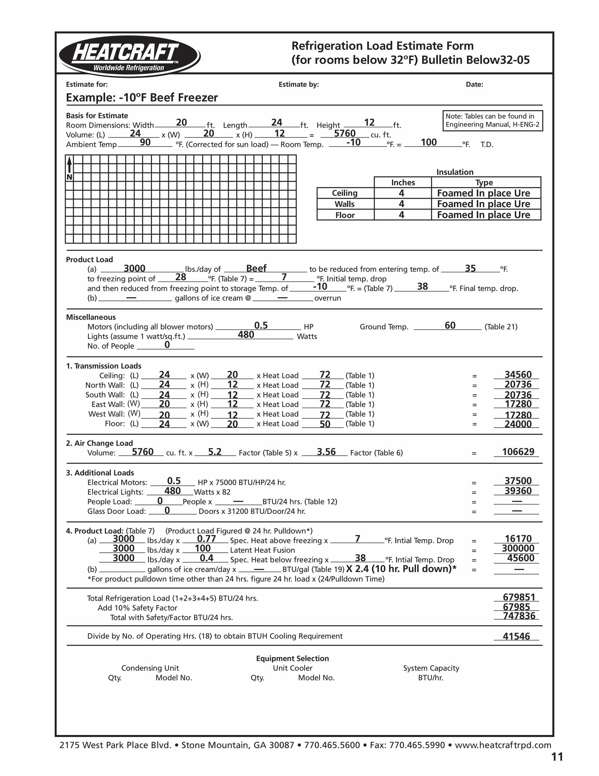 11
Refrigeration Load Estimate Form
(for rooms below 32ºF) Bulletin Below32-05
Estimate for:
Basis for Estimate
Room Dimensions: Width ft. x Length ft. x Height ft.
Volume: (L) x (W) x (H) = cu. ft.
Ambient Temp ºF. (Corrected for sun load) — Room Temp. ºF. = ºF. T.D.
Product Load
(a) lbs./day of to be reduced from entering temp. of ºF.
to freezing point of ºF. (Table 7) = ºF. Initial temp. drop
and then reduced from freezing point to storage Temp. of ºF. = (Table 7) ºF. Final temp. drop.
(b) gallons of ice cream @ overrun
Miscellaneous
Motors (including all blower motors) HP Ground Temp. (Table 21)
Lights (assume 1 watt/sq.ft.) Watts
No. of People
2. Air Change Load
Volume: cu. ft. x Factor (Table 5) x Factor (Table 6) =
3. Additional Loads
Electrical Motors: HP x 75000 BTU/HP/24 hr. =
Electrical Lights: Watts x 82 =
People Load: People x BTU/24 hrs. (Table 12) =
Glass Door Load: Doors x 31200 BTU/Door/24 hr. =
4. Product Load: (Table 7) (Product Load Figured @ 24 hr. Pulldown*)
(a) lbs./day x Spec. Heat above freezing x ºF. Intial Temp. Drop =
lbs./day x Latent Heat Fusion =
lbs./day x Spec. Heat below freezing x ºF. Intial Temp. Drop =
(b) gallons of ice cream/day x BTU/gal (Table 19) =
*For product pulldown time other than 24 hrs. figure 24 hr. load x (24/Pulldown Time)
Divide by No. of Operating Hrs. (18) to obtain BTUH Cooling Requirement
Equipment Selection
Condensing Unit Unit Cooler System Capacity
Qty. Model No. Qty. Model No. BTU/hr.
Total Refrigeration Load (1+2+3+4+5) BTU/24 hrs.
Add 10% Safety Factor
Total with Safety/Factor BTU/24 hrs.
1. Transmission Loads
Ceiling: (L) x (W) x Heat Load (Table 1) =
North Wall: (L) x (W) x Heat Load (Table 1) =
South Wall: (L) x (W) x Heat Load (Table 1) =
East Wall: (L) x (W) x Heat Load (Table 1) =
West Wall: (L) x (W) x Heat Load (Table 1) =
Floor: (L) x (W) x Heat Load (Table 1) =
Estimate by: Date:
Insulation
Inches
Ceiling
Walls
Floor
Type
Note: Tables can be found in
Engineering Manual, H-ENG-2
2175 West Park Place Blvd. • Stone Mountain, GA 30087 • 770.465.5600 • Fax: 770.465.5990 • www.heatcraftrpd.com
(H)
(H)
(H)
(H)
Example: -10ºF Beef Freezer
20 24 12
24 20 12 5760
90 -10 100
4 Foamed In place Ure
4 Foamed In place Ure
4 Foamed In place Ure
3000 Beef						 35
28 7
							 -10 38
— —
0.5 60
480
0
24 20 72 34560
24 12 72 20736
24 12 72 20736
20 12 72 17280
20 12 72 17280
24 20 50 24000
5760 5.2 3.56 106629
0.5 37500
480 39360
0 —								 —
0 —
3000 0.77 7 16170
3000 100 300000
3000 0.4 38 45600
—	 X 2.4 (10 hr. Pull down)* —
												 679851
												 67985
												 747836
												 41546
(W)
(W)
 