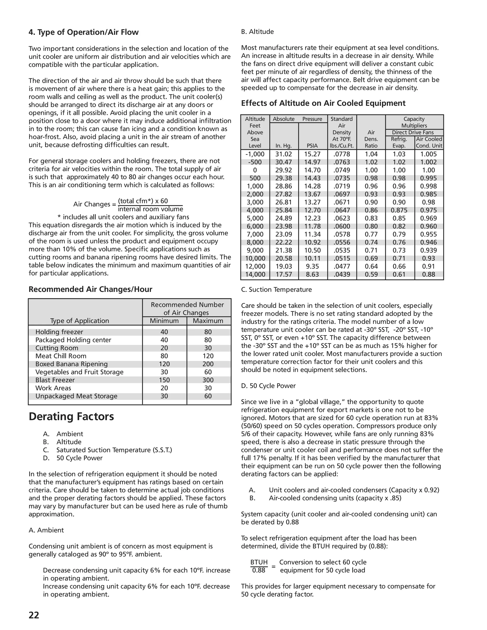 22
	 Holding freezer	 40	 80
	 Packaged Holding center	 40	 80
	 Cutting Room	 20	 30
	 Meat Chill Room	 80	 120
	 Boxed Banana Ripening	 120	 200
	 Vegetables and Fruit Storage	 30	 60
	 Blast Freezer	 150	 300
	 Work Areas	 20	 30	
	 Unpackaged Meat Storage	 30	 60
Recommended Number	
	 of Air Changes
	 Type of Application	 Minimum	 Maximum
	 -1,000	 31.02	 15.27	 .0778	 1.04	 1.03	 1.005
	 -500	 30.47	 14.97	 .0763	 1.02	 1.02	 1.002
	 0	 29.92	 14.70	 .0749	 1.00	 1.00	 1.00
	 500	 29.38	 14.43	 .0735	 0.98	 0.98	 0.995
	 1,000	 28.86	 14.28	 .0719	 0.96	 0.96	 0.998
	 2,000	 27.82	 13.67	 .0697	 0.93	 0.93	 0.985
	 3,000	 26.81	 13.27	 .0671	 0.90	 0.90	 0.98
	 4,000	 25.84	 12.70	 .0647	 0.86	 0.875	 0.975
	 5,000	 24.89	 12.23	 .0623	 0.83	 0.85	 0.969
	 6,000	 23.98	 11.78	 .0600	 0.80	 0.82	 0.960
	 7,000	 23.09	 11.34	 .0578	 0.77	 0.79	 0.955
	 8,000	 22.22	 10.92	 .0556	 0.74	 0.76	 0.946
	 9,000	 21.38	 10.50	 .0535	 0.71	 0.73	 0.939
	 10,000	 20.58	 10.11	 .0515	 0.69	 0.71	 0.93
	 12,000	 19.03	 9.35	 .0477	 0.64	 0.66	 0.91
	 14,000	 17.57	 8.63	 .0439	 0.59	 0.61	 0.88
	 Altitude	 Absolute	 Pressure	 Standard		 Capacity
	 Feet			 Air		 Multipliers
	 Above			 Density	 Air	 Direct Drive Fans
	 Sea			 At 70ºF.	 Dens.	 Refrig.	 Air Cooled
	 Level	 In. Hg.	 PSIA	 lbs./Cu.Ft.	 Ratio	 Evap.	 Cond. Unit
4. Type of Operation/Air Flow
Two important considerations in the selection and location of the
unit cooler are uniform air distribution and air velocities which are
compatible with the particular application.
The direction of the air and air throw should be such that there
is movement of air where there is a heat gain; this applies to the
room walls and ceiling as well as the product. The unit cooler(s)
should be arranged to direct its discharge air at any doors or
openings, if it all possible. Avoid placing the unit cooler in a
position close to a door where it may induce additional infiltration
in to the room; this can cause fan icing and a condition known as
hoar-frost. Also, avoid placing a unit in the air stream of another
unit, because defrosting difficulties can result.
For general storage coolers and holding freezers, there are not
criteria for air velocities within the room. The total supply of air
is such that approximately 40 to 80 air changes occur each hour.
This is an air conditioning term which is calculated as follows:
Air Changes = (total cfm*) x 60
internal room volume
	 * includes all unit coolers and auxiliary fans
This equation disregards the air motion which is induced by the
discharge air from the unit cooler. For simplicity, the gross volume
of the room is used unless the product and equipment occupy
more than 10% of the volume. Specific applications such as
cutting rooms and banana ripening rooms have desired limits. The
table below indicates the minimum and maximum quantities of air
for particular applications.
Derating Factors
	 A.	 Ambient
	 B.	 Altitude
	 C.	 Saturated Suction Temperature (S.S.T.)
	 D.	 50 Cycle Power
In the selection of refrigeration equipment it should be noted
that the manufacturer’s equipment has ratings based on certain
criteria. Care should be taken to determine actual job conditions
and the proper derating factors should be applied. These factors
may vary by manufacturer but can be used here as rule of thumb
approximation.
A. Ambient
Condensing unit ambient is of concern as most equipment is
generally cataloged as 90º to 95ºF. ambient.
	 Decrease condensing unit capacity 6% for each 10ºF. increase
	 in operating ambient.
	 Increase condensing unit capacity 6% for each 10ºF. decrease
	 in operating ambient.
Recommended Air Changes/Hour
B. Altitude
Most manufacturers rate their equipment at sea level conditions.
An increase in altitude results in a decrease in air density. While
the fans on direct drive equipment will deliver a constant cubic
feet per minute of air regardless of density, the thinness of the
air will affect capacity performance. Belt drive equipment can be
speeded up to compensate for the decrease in air density.
C. Suction Temperature
Care should be taken in the selection of unit coolers, especially
freezer models. There is no set rating standard adopted by the
industry for the ratings criteria. The model number of a low
temperature unit cooler can be rated at -30º SST, -20º SST, -10º
SST, 0º SST, or even +10º SST. The capacity difference between
the -30º SST and the +10º SST can be as much as 15% higher for
the lower rated unit cooler. Most manufacturers provide a suction
temperature correction factor for their unit coolers and this
should be noted in equipment selections.
D. 50 Cycle Power
Since we live in a “global village,” the opportunity to quote
refrigeration equipment for export markets is one not to be
ignored. Motors that are sized for 60 cycle operation run at 83%
(50/60) speed on 50 cycles operation. Compressors produce only
5/6 of their capacity. However, while fans are only running 83%
speed, there is also a decrease in static pressure through the
condenser or unit cooler coil and performance does not suffer the
full 17% penalty. If it has been verified by the manufacturer that
their equipment can be run on 50 cycle power then the following
derating factors can be applied:
	 A. 	 Unit coolers and air-cooled condensers (Capacity x 0.92)
	 B.	 Air-cooled condensing units (capacity x .85)
System capacity (unit cooler and air-cooled condensing unit) can
be derated by 0.88
To select refrigeration equipment after the load has been
determined, divide the BTUH required by (0.88):
BTUH
=
Conversion to select 60 cycle
0.88 equipment for 50 cycle load
This provides for larger equipment necessary to compensate for
50 cycle derating factor.
Effects of Altitude on Air Cooled Equipment
 