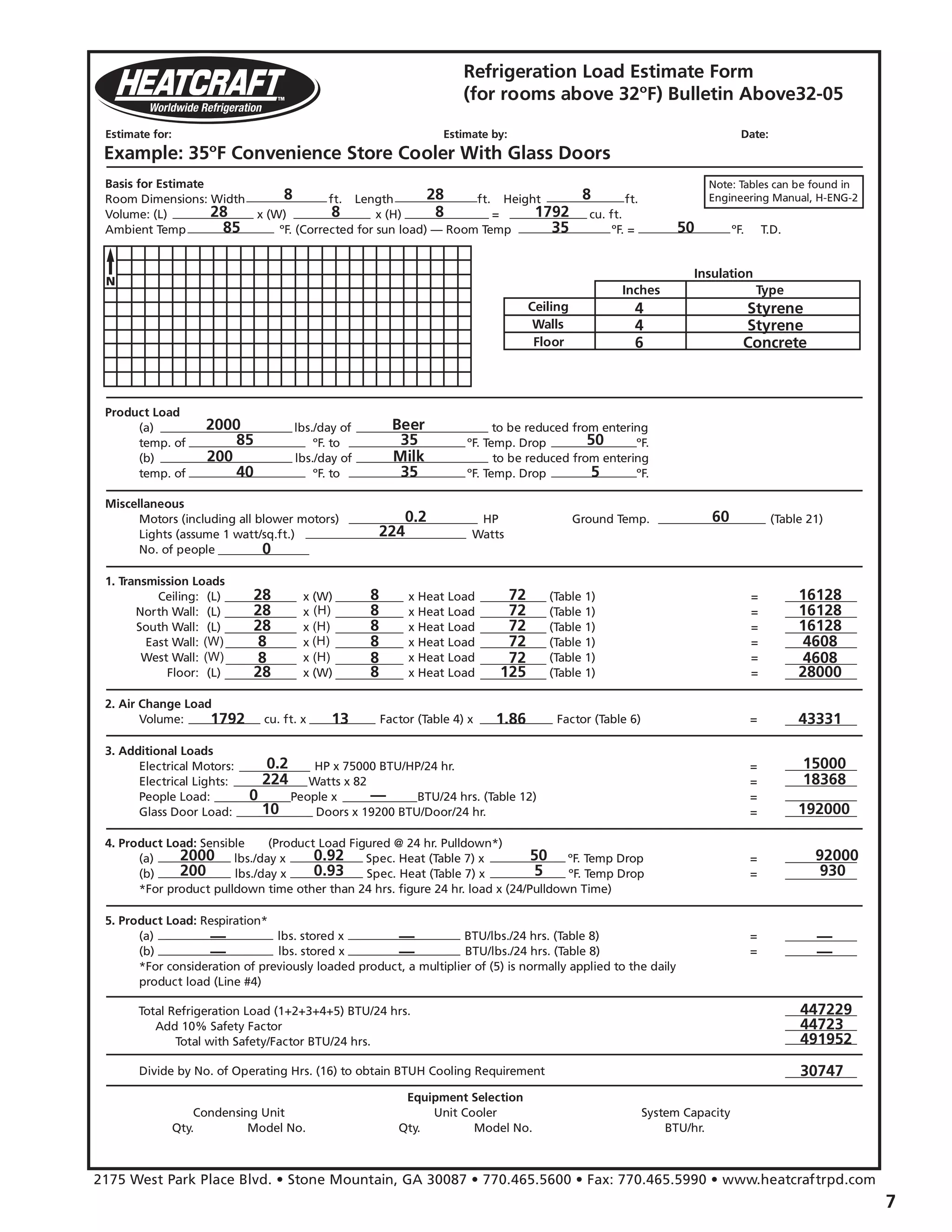 Refrigeration Load Estimate Form
(for rooms above 32ºF) Bulletin Above32-05
Basis for Estimate
Room Dimensions: Width ft. x Length ft. x Height ft.
Volume: (L) x (W) x (H) = cu. ft.
Ambient Temp ºF. (Corrected for sun load) — Room Temp ºF. = ºF. T.D.
Product Load
(a) lbs./day of to be reduced from entering
temp. of ºF. to ºF. Temp. Drop ºF.
(b) lbs./day of to be reduced from entering
temp. of ºF. to ºF. Temp. Drop ºF.
Miscellaneous
Motors (including all blower motors) HP Ground Temp. (Table 21)
Lights (assume 1 watt/sq.ft.) Watts
No. of people
2. Air Change Load
Volume: cu. ft. x Factor (Table 4) x Factor (Table 6) =
3. Additional Loads
Electrical Motors: HP x 75000 BTU/HP/24 hr. =
Electrical Lights: Watts x 82 =
People Load: People x BTU/24 hrs. (Table 12) =
Glass Door Load: Doors x 19200 BTU/Door/24 hr. =
4. Product Load: Sensible (Product Load Figured @ 24 hr. Pulldown*)
(a) lbs./day x Spec. Heat (Table 7) x ºF. Temp Drop =
(b) lbs./day x Spec. Heat (Table 7) x ºF. Temp Drop =
*For product pulldown time other than 24 hrs. figure 24 hr. load x (24/Pulldown Time)
5. Product Load: Respiration*
(a) lbs. stored x BTU/lbs./24 hrs. (Table 8) =
(b) lbs. stored x BTU/lbs./24 hrs. (Table 8) =
*For consideration of previously loaded product, a multiplier of (5) is normally applied to the daily
product load (Line #4)
Divide by No. of Operating Hrs. (16) to obtain BTUH Cooling Requirement
Equipment Selection
Condensing Unit Unit Cooler System Capacity
Qty. Model No. Qty. Model No. BTU/hr.
Total Refrigeration Load (1+2+3+4+5) BTU/24 hrs.
Add 10% Safety Factor
Total with Safety/Factor BTU/24 hrs.
1. Transmission Loads
Ceiling: (L) x (W) x Heat Load (Table 1) =
North Wall: (L) x (W) x Heat Load (Table 1) =
South Wall: (L) x (W) x Heat Load (Table 1) =
East Wall: (L) x (W) x Heat Load (Table 1) =
West Wall: (L) x (W) x Heat Load (Table 1) =
Floor: (L) x (W) x Heat Load (Table 1) =
Insulation
Inches
Ceiling
Walls
Floor
Type
2175 West Park Place Blvd. • Stone Mountain, GA 30087 • 770.465.5600 • Fax: 770.465.5990 • www.heatcraftrpd.com
Estimate for: Estimate by: Date:
Note: Tables can be found in
Engineering Manual, H-ENG-2
(H)
(H)
Example: 35ºF Convenience Store Cooler With Glass Doors
8 28 8
28 8 8 1792
85 35 50
4 Styrene
4 Styrene
6 Concrete
2000 Beer
85 35 50
200 Milk
40 35 5
0.2 60
224
0
28 8 72 16128
28 8 72 16128
28 8 72 16128
8 8 72 4608
8 8 72 4608
28 8 125 28000
1792 13 1.86 43331
0.2 15000
224 18368
0 —								
10 192000
2000	 0.92 50 92000
200	 0.93 5 930
— — —
— — —
												 447229
												 44723
												 491952
												 30747
(W)
(H)
(W)
(H)
 