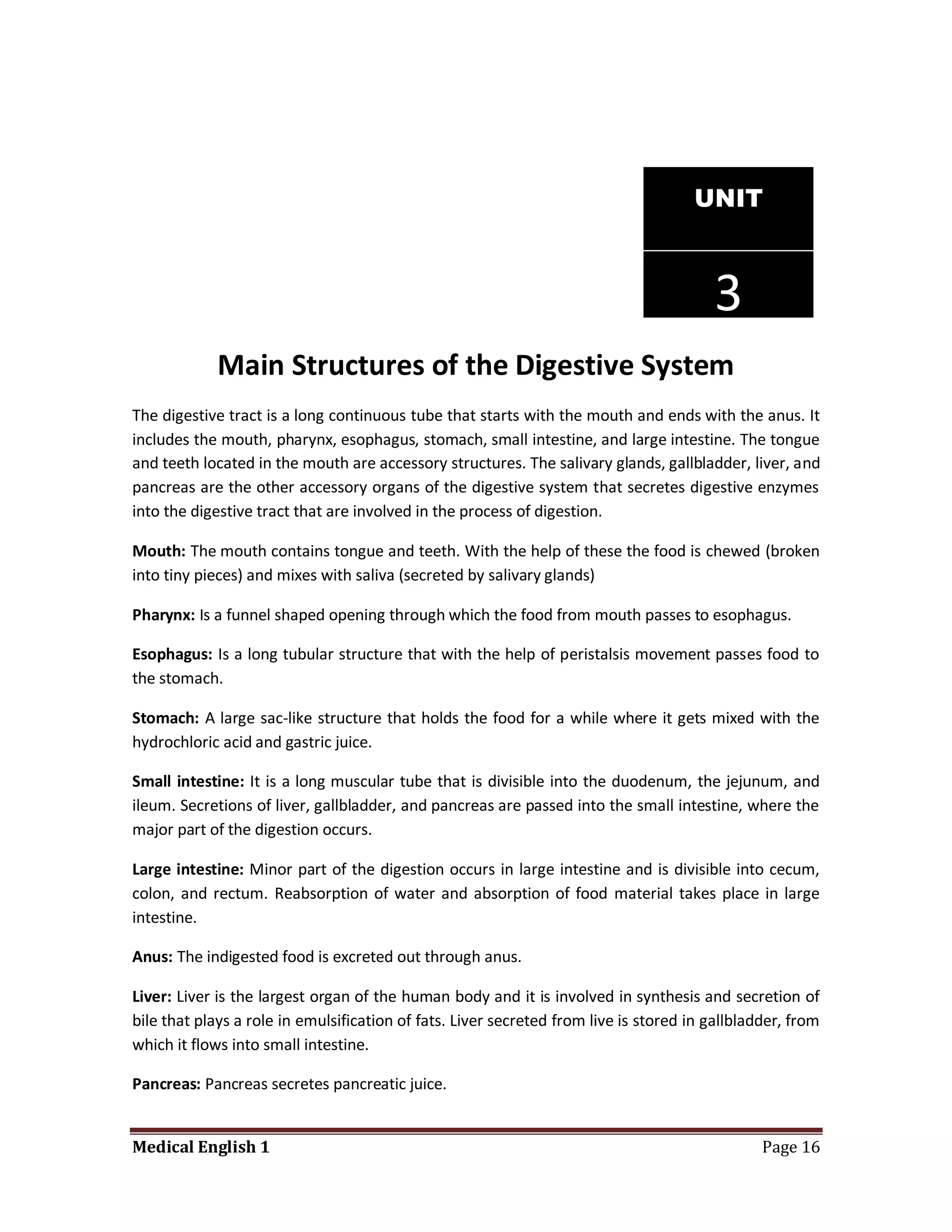 UNIT



                                                                                        3
             Main Structures of the Digestive System
The digestive tract is a long continuous tube that starts with the mouth and ends with the anus. It
includes the mouth, pharynx, esophagus, stomach, small intestine, and large intestine. The tongue
and teeth located in the mouth are accessory structures. The salivary glands, gallbladder, liver, and
pancreas are the other accessory organs of the digestive system that secretes digestive enzymes
into the digestive tract that are involved in the process of digestion.

Mouth: The mouth contains tongue and teeth. With the help of these the food is chewed (broken
into tiny pieces) and mixes with saliva (secreted by salivary glands)

Pharynx: Is a funnel shaped opening through which the food from mouth passes to esophagus.

Esophagus: Is a long tubular structure that with the help of peristalsis movement passes food to
the stomach.

Stomach: A large sac-like structure that holds the food for a while where it gets mixed with the
hydrochloric acid and gastric juice.

Small intestine: It is a long muscular tube that is divisible into the duodenum, the jejunum, and
ileum. Secretions of liver, gallbladder, and pancreas are passed into the small intestine, where the
major part of the digestion occurs.

Large intestine: Minor part of the digestion occurs in large intestine and is divisible into cecum,
colon, and rectum. Reabsorption of water and absorption of food material takes place in large
intestine.

Anus: The indigested food is excreted out through anus.

Liver: Liver is the largest organ of the human body and it is involved in synthesis and secretion of
bile that plays a role in emulsification of fats. Liver secreted from live is stored in gallbladder, from
which it flows into small intestine.

Pancreas: Pancreas secretes pancreatic juice.


Medical English 1                                                                               Page 16
 