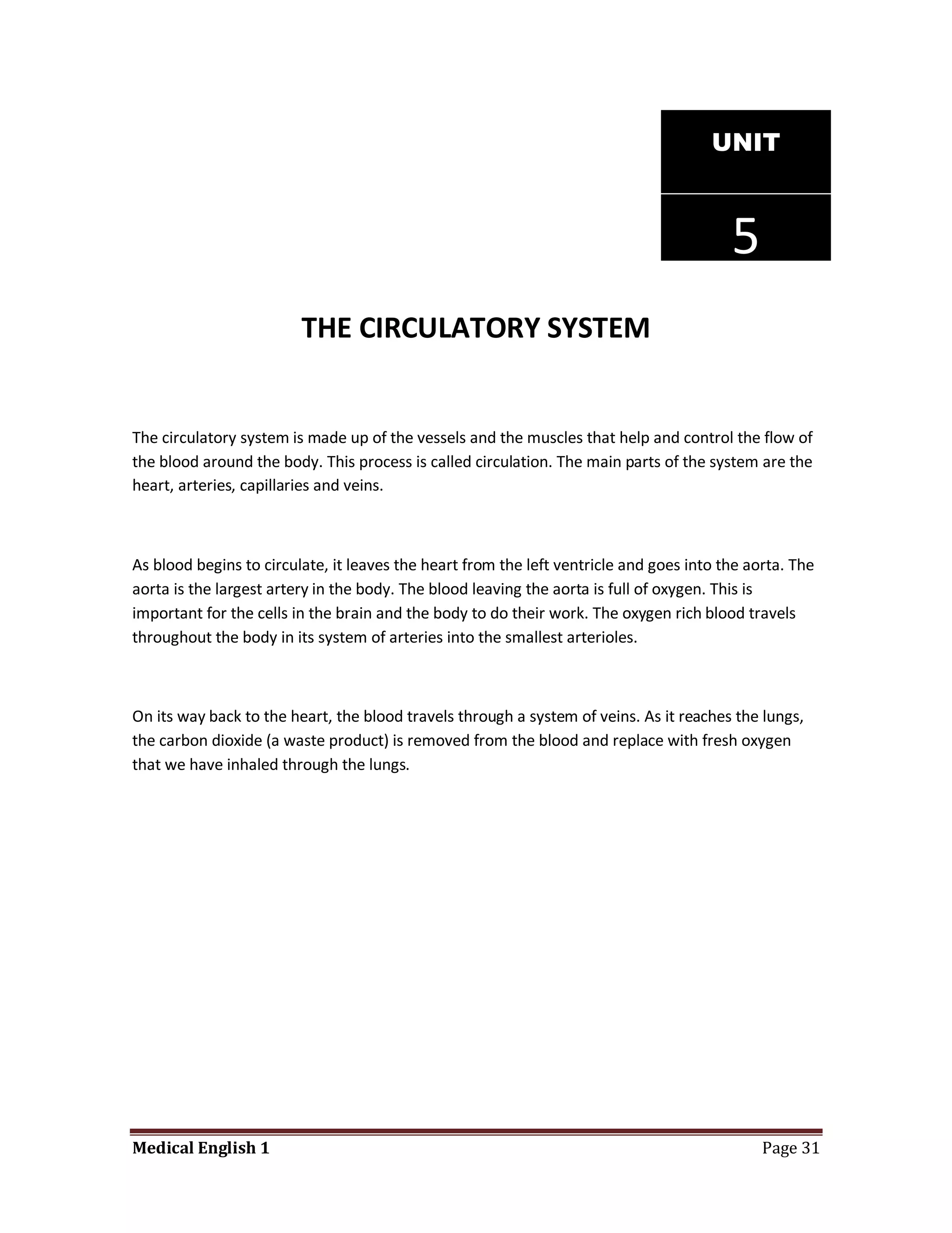 UNIT



                                                                                         5
                         THE CIRCULATORY SYSTEM


The circulatory system is made up of the vessels and the muscles that help and control the flow of
the blood around the body. This process is called circulation. The main parts of the system are the
heart, arteries, capillaries and veins.



As blood begins to circulate, it leaves the heart from the left ventricle and goes into the aorta. The
aorta is the largest artery in the body. The blood leaving the aorta is full of oxygen. This is
important for the cells in the brain and the body to do their work. The oxygen rich blood travels
throughout the body in its system of arteries into the smallest arterioles.



On its way back to the heart, the blood travels through a system of veins. As it reaches the lungs,
the carbon dioxide (a waste product) is removed from the blood and replace with fresh oxygen
that we have inhaled through the lungs.




Medical English 1                                                                             Page 31
 