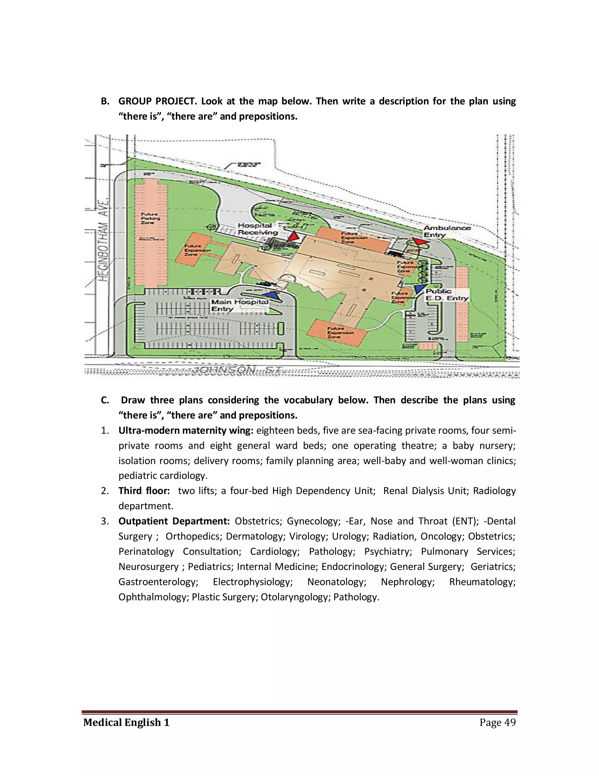 B. GROUP PROJECT. Look at the map below. Then write a description for the plan using
      “there is”, “there are” and prepositions.




   C.  Draw three plans considering the vocabulary below. Then describe the plans using
      “there is”, “there are” and prepositions.
   1. Ultra-modern maternity wing: eighteen beds, five are sea-facing private rooms, four semi-
      private rooms and eight general ward beds; one operating theatre; a baby nursery;
      isolation rooms; delivery rooms; family planning area; well-baby and well-woman clinics;
      pediatric cardiology.
   2. Third floor: two lifts; a four-bed High Dependency Unit; Renal Dialysis Unit; Radiology
      department.
   3. Outpatient Department: Obstetrics; Gynecology; -Ear, Nose and Throat (ENT); -Dental
      Surgery ; Orthopedics; Dermatology; Virology; Urology; Radiation, Oncology; Obstetrics;
      Perinatology Consultation; Cardiology; Pathology; Psychiatry; Pulmonary Services;
      Neurosurgery ; Pediatrics; Internal Medicine; Endocrinology; General Surgery; Geriatrics;
      Gastroenterology; Electrophysiology; Neonatology; Nephrology; Rheumatology;
      Ophthalmology; Plastic Surgery; Otolaryngology; Pathology.




Medical English 1                                                                     Page 49
 