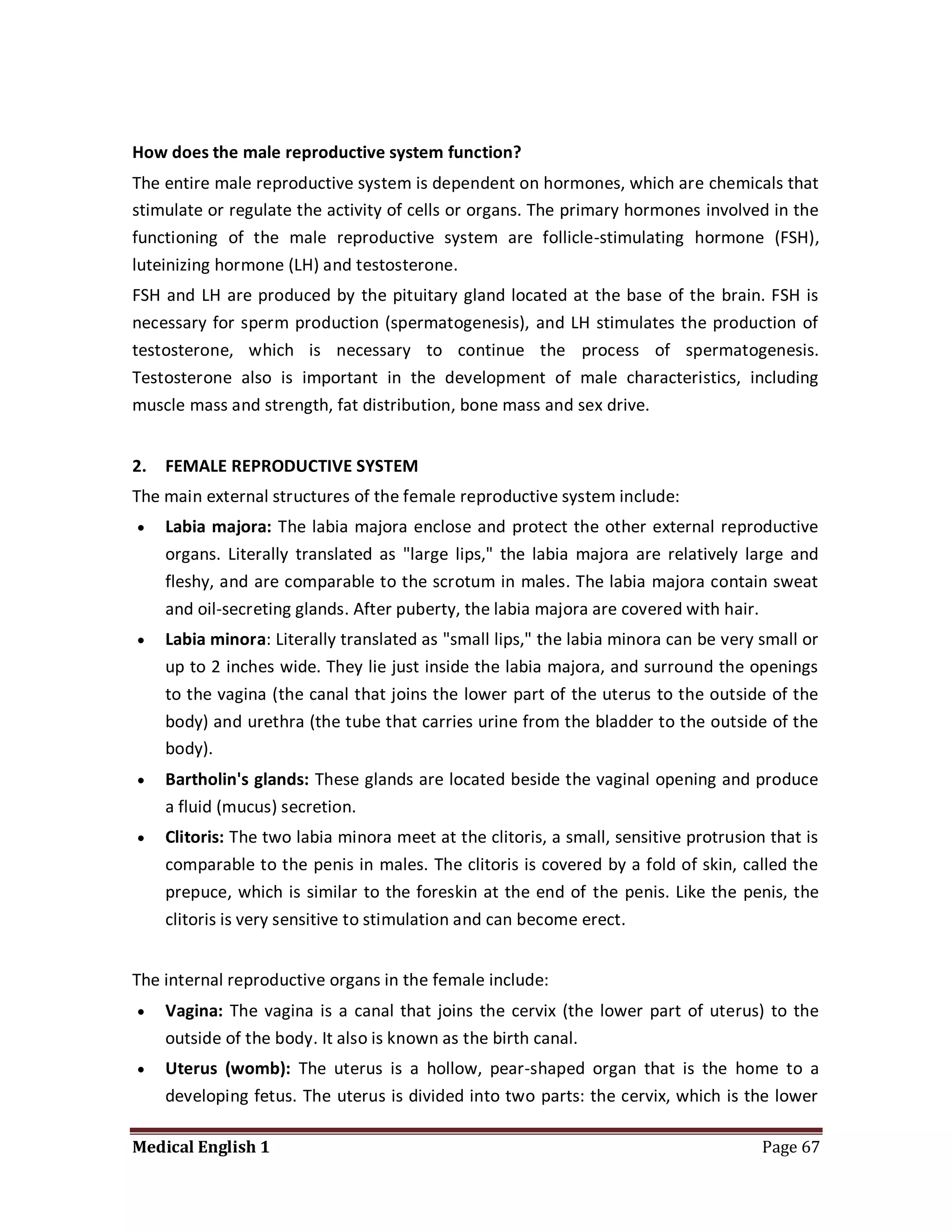 How does the male reproductive system function?
The entire male reproductive system is dependent on hormones, which are chemicals that
stimulate or regulate the activity of cells or organs. The primary hormones involved in the
functioning of the male reproductive system are follicle-stimulating hormone (FSH),
luteinizing hormone (LH) and testosterone.
FSH and LH are produced by the pituitary gland located at the base of the brain. FSH is
necessary for sperm production (spermatogenesis), and LH stimulates the production of
testosterone, which is necessary to continue the process of spermatogenesis.
Testosterone also is important in the development of male characteristics, including
muscle mass and strength, fat distribution, bone mass and sex drive.


2.   FEMALE REPRODUCTIVE SYSTEM
The main external structures of the female reproductive system include:
    Labia majora: The labia majora enclose and protect the other external reproductive
     organs. Literally translated as "large lips," the labia majora are relatively large and
     fleshy, and are comparable to the scrotum in males. The labia majora contain sweat
     and oil-secreting glands. After puberty, the labia majora are covered with hair.
    Labia minora: Literally translated as "small lips," the labia minora can be very small or
     up to 2 inches wide. They lie just inside the labia majora, and surround the openings
     to the vagina (the canal that joins the lower part of the uterus to the outside of the
     body) and urethra (the tube that carries urine from the bladder to the outside of the
     body).
    Bartholin's glands: These glands are located beside the vaginal opening and produce
     a fluid (mucus) secretion.
    Clitoris: The two labia minora meet at the clitoris, a small, sensitive protrusion that is
     comparable to the penis in males. The clitoris is covered by a fold of skin, called the
     prepuce, which is similar to the foreskin at the end of the penis. Like the penis, the
     clitoris is very sensitive to stimulation and can become erect.


The internal reproductive organs in the female include:
    Vagina: The vagina is a canal that joins the cervix (the lower part of uterus) to the
     outside of the body. It also is known as the birth canal.
    Uterus (womb): The uterus is a hollow, pear-shaped organ that is the home to a
     developing fetus. The uterus is divided into two parts: the cervix, which is the lower

Medical English 1                                                                      Page 67
 