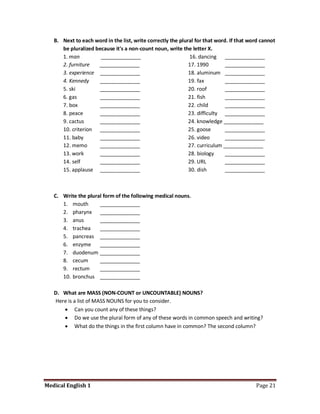 B. Next to each word in the list, write correctly the plural for that word. If that word cannot
      be pluralized because it's a non-count noun, write the letter X.
      1. man          ______________                         16. dancing ______________
      2. furniture   ______________                          17. 1990        ______________
      3. experience ______________                           18. aluminum ______________
      4. Kennedy     ______________                          19. fax         ______________
      5. ski         ______________                          20. roof        ______________
      6. gas         ______________                          21. fish        ______________
      7. box         ______________                          22. child       ______________
      8. peace       ______________                          23. difficulty ______________
      9. cactus      ______________                          24. knowledge ______________
      10. criterion ______________                           25. goose       ______________
      11. baby       ______________                          26. video       ______________
      12. memo       ______________                          27. curriculum ______________
      13. work       ______________                          28. biology     ______________
      14. self       ______________                          29. URL         ______________
      15. applause ______________                            30. dish        ______________



   C. Write the plural form of the following medical nouns.
      1. mouth       ______________
      2. pharynx ______________
      3. anus        ______________
      4. trachea     ______________
      5. pancreas ______________
      6. enzyme      ______________
      7. duodenum ______________
      8. cecum       ______________
      9. rectum      ______________
      10. bronchus ______________

   D. What are MASS (NON-COUNT or UNCOUNTABLE) NOUNS?
   Here is a list of MASS NOUNS for you to consider.
       Can you count any of these things?
       Do we use the plural form of any of these words in common speech and writing?
       What do the things in the first column have in common? The second column?




Medical English 1                                                                        Page 21
 