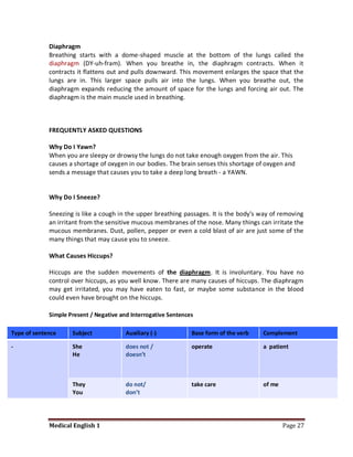 Diaphragm
             Breathing starts with a dome-shaped muscle at the bottom of the lungs called the
             diaphragm (DY-uh-fram). When you breathe in, the diaphragm contracts. When it
             contracts it flattens out and pulls downward. This movement enlarges the space that the
             lungs are in. This larger space pulls air into the lungs. When you breathe out, the
             diaphragm expands reducing the amount of space for the lungs and forcing air out. The
             diaphragm is the main muscle used in breathing.



             FREQUENTLY ASKED QUESTIONS

             Why Do I Yawn?
             When you are sleepy or drowsy the lungs do not take enough oxygen from the air. This
             causes a shortage of oxygen in our bodies. The brain senses this shortage of oxygen and
             sends a message that causes you to take a deep long breath - a YAWN.


             Why Do I Sneeze?

             Sneezing is like a cough in the upper breathing passages. It is the body's way of removing
             an irritant from the sensitive mucous membranes of the nose. Many things can irritate the
             mucous membranes. Dust, pollen, pepper or even a cold blast of air are just some of the
             many things that may cause you to sneeze.

             What Causes Hiccups?

             Hiccups are the sudden movements of the diaphragm. It is involuntary. You have no
             control over hiccups, as you well know. There are many causes of hiccups. The diaphragm
             may get irritated, you may have eaten to fast, or maybe some substance in the blood
             could even have brought on the hiccups.

             Simple Present / Negative and Interrogative Sentences

Type of sentence     Subject             Auxiliary (-)           Base form of the verb   Complement

-                    She                 does not /              operate                 a patient
                     He                  doesn’t



                     They                do not/                 take care               of me
                     You                 don’t




             Medical English 1                                                                   Page 27
 