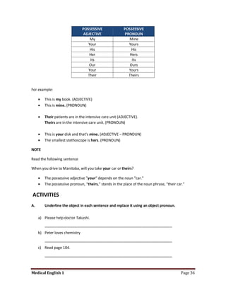 POSSESSIVE                POSSESSIVE
                                ADJECTIVE                 PRONOUN
                                    My                      Mine
                                   Your                     Yours
                                    His                       His
                                   Her                       Hers
                                    Its                       Its
                                   Our                       Ours
                                   Your                     Yours
                                  Their                     Theirs


For example:

        This is my book. (ADJECTIVE)
        This is mine. (PRONOUN)

        Their patients are in the intensive care unit (ADJECTIVE).
         Theirs are in the intensive care unit. (PRONOUN)

        This is your disk and that's mine. (ADJECTIVE – PRONOUN)
        The smallest stethoscope is hers. (PRONOUN)

NOTE

Read the following sentence

When you drive to Manitoba, will you take your car or theirs?

        The possessive adjective "your" depends on the noun "car."
        The possessive pronoun, "theirs," stands in the place of the noun phrase, "their car."

ACTIVITIES
A.       Underline the object in each sentence and replace it using an object pronoun.

     a) Please help doctor Takashi.
         _______________________________________________________________
     b) Peter loves chemistry
         _______________________________________________________________
     c) Read page 104.
         _______________________________________________________________



Medical English 1                                                                           Page 36
 
