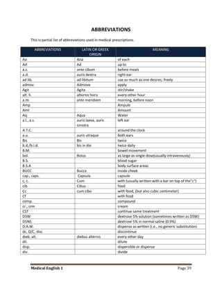 ABBREVIATIONS
      This is partial list of abbreviations used in medical prescriptions.

         ABBREVIATIONS                 LATIN OR GREEK                               MEANING
                                             ORIGIN
Aa                                  Ana                        of each
Ad                                  Ad                         up to
a.c.                                ante cibum                 before meals
a.d.                                auris dextra               right ear
ad lib.                             ad libitum                 use as much as one desires; freely
admov.                              Admove                     apply
Agit                                Agita                      stir/shake
alt. h.                             alternis horis             every other hour
a.m.                                ante meridiem              morning, before noon
Amp                                                            Ampule
Amt                                                            Amount
Aq                                  Aqua                       Water
a.l., a.s.                          auris laeva, auris         left ear
                                    sinistra
A.T.C.                                                         around the clock
a.u.                                auris utraque              both ears
Bis                                 Bis                        twice
b.d./b.i.d.                         bis in die                 twice daily
B.M.                                                           bowel movement
bol.                                Bolus                      as large as single dose(usually intravenously)
B.S.                                                           blood sugar
B.S.A                                                          body surface areas
BUCC                                Bucca                      inside cheek
cap., caps.                          Capsula                   capsule
c, c.                               Cum                        with (usually written with a bar on top of the"c")
cib.                                Cibus                      food
Cc                                  cum cibo                   with food, (but also cubic centimeter)
Cf                                                             with food
comp.                                                          compound
cr., crm                                                       cream
CST                                                            continue same treatment
D5W                                                            dextrose 5% solution (sometimes written as D5W)
D5NS                                                           dextrose 5% in normal saline (0.9%)
D.A.W.                                                         dispense as written (i.e., no generic substitution)
dc, D/C, disc                                                  discontinue
dieb. alt.                          diebus alternis            every other day
dil.                                                           dilute
disp.                                                          dispersible or dispense
div.                                                           divide


      Medical English 1                                                                             Page 39
 