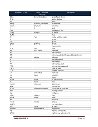 ABBREVIATIONS       LATIN OR GREEK                          MEANING
                                 ORIGIN
d.t.d.                   dentur tales doses   give of such doses
D.W.                                          water distilled
elix.                                         elixir
e.m.p.                   ex modo prescripto   as directed
emuls.                   Emulsum              emulsion
Et                       Et                   and
Eod                                           every other day
Ex aq                    ex aqua              in water
fl., fld.                                     fluid
ft.                      Fiat                 make; let it be made
G                                             gram
Gr                                            grain
gtt(s)                   gutta(e)             drop(s)
H                                             hypodermic
h, hr                    hora                 hour
h.s.                     hora somni           bedtime
ID                                            intradermal
IM                                            Intramuscular (with respect to injections)
inj.                     injectio             injection
IP                                            intraperitoneal
IV                                            intravenous
IVP                                           intravenous push
IVPB                                          intravenous piggyback
L.A.S.                                        label as such
LCD                                           coal tar solution
Lin                      linimentum           liniment
Liq                      liquor               solution
lot.                                          lotion
Mane                     mane                 in the morning
M.                       misce                mix
m, min                   minimum              a minimum
Mcg                                           microgram
m.d.u.                   more dicto utendus   to be used as directed
mEq                                           milliequivalent
Mg                                            milligram
mist.                    mistura              mix
Mitte                    mitte                send
mL                                            milliliter
nebul                    nebula               a spray
N.M.T.                                        not more than
noct.                    nocte                at night
non rep.                 non repetatur        no repeats
NS                                            normal saline(0.9%)
1/2NS                                         half normal saline(0.45%)

     Medical English 1                                                             Page 40
 