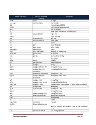 ABBREVIATIONS       LATIN OR GREEK                             MEANING
                                  ORIGIN
noct.                      nocte                   at night
non rep.                   non repetatur           no repeats
NS                                                 normal saline(0.9%)
1/2NS                                              half normal saline(0.45%)
N.T.E.                                             not to exceed
o_2                                                both eyes, sometimes written as o2
o.d.                       oculus dexter           right eye
o.p.d.                                             once per day
o.s.                       oculus sinister         left eye
o.u.                       oculus uterque          both eyes
oz                                                 ounce
per                        per                     by or through
p.c.                       post cibum              after meals
pig./pigm.                 pigmentum               paint
p.m.                       post meridiem           evening or afternoon
PRN, prn                   pro re nata             as needed
p.o.                       per os                  by mouth or orally
p.r.                                               by rectum
pulv.                      pulvis                  powder
PV                         per vaginam             via the vagina
q                          quaque                  every
q.a.d.                     quoque alternis die     every other day
q.a.m.                     quaque die ante         every day before noon
                           meridiem
q.d.s.                     quater die sumendus     four times a day
q.p.m.                     quaque die post         every time after noon
                           meridiem
q.h.                       quaque hora             every hour
q.h.s.                     quaque hora somni       every night at bedtime
q.1h, q.1°                 quaque1 hora            every 1 hour; (can replace “1” with other numbers)
q.d.                       quaque die              every day
q.i.d.                     quater in die           four times a day
q.o.d.                                             every other day
qqh                        quater quaque hora      every four hours
q.s.                       quantum sufficiat       a sufficient quantity
QWK                                                every week
R                                                  rectal
rep., rept.                repetatur               repeats
RL, R/L                    Ringer's lactate sine
s                                                  without (usually written with a bar on the top of the
                                                   “s”)
s.a.                       secundum artum          use your judgment


       Medical English 1                                                                Page 42
 