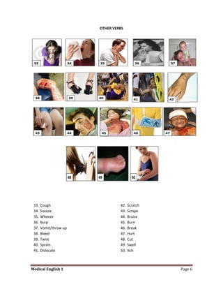 OTHER VERBS




 33.   Cough                     42.   Scratch
 34.   Sneeze                    43.   Scrape
 35.   Wheeze                    44.   Bruise
 36.   Burp                      45.   Burn
 37.   Vomit/throw up            46.   Break
 38.   Bleed                     47.   Hurt
 39.   Twist                     48.   Cut
 40.   Sprain                    49.   Swell
 41.   Dislocate                 50.   Itch



Medical English 1                                Page 6
 