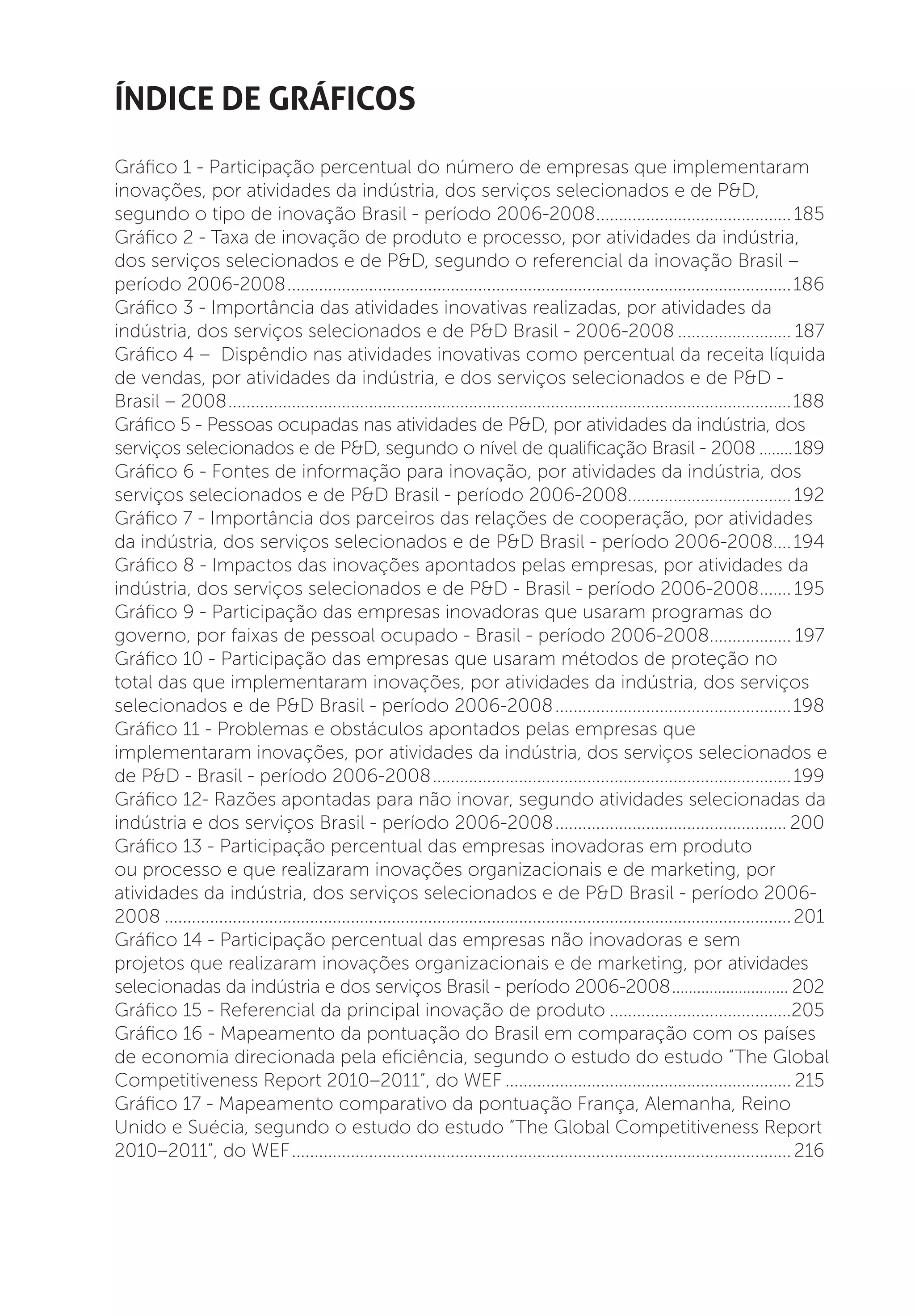 índice de gráficos
Gráfico 1 - Participação percentual do número de empresas que implementaram
inovações, por atividades da indústria, dos serviços selecionados e de P&D,
segundo o tipo de inovação Brasil - período 2006-2008............................................ 185
Gráfico 2 - Taxa de inovação de produto e processo, por atividades da indústria,
dos serviços selecionados e de P&D, segundo o referencial da inovação Brasil –
período 2006-2008................................................................................................................ 186
Gráfico 3 - Importância das atividades inovativas realizadas, por atividades da
indústria, dos serviços selecionados e de P&D Brasil - 2006-2008.......................... 187
Gráfico 4 – Dispêndio nas atividades inovativas como percentual da receita líquida
de vendas, por atividades da indústria, e dos serviços selecionados e de P&D -
Brasil – 2008.............................................................................................................................188
Gráfico 5 - Pessoas ocupadas nas atividades de P&D, por atividades da indústria, dos
serviços selecionados e de P&D, segundo o nível de qualificação Brasil - 2008.........189
Gráfico 6 - Fontes de informação para inovação, por atividades da indústria, dos
serviços selecionados e de P&D Brasil - período 2006-2008.................................... 192
Gráfico 7 - Importância dos parceiros das relações de cooperação, por atividades
da indústria, dos serviços selecionados e de P&D Brasil - período 2006-2008.... 194
Gráfico 8 - Impactos das inovações apontados pelas empresas, por atividades da
indústria, dos serviços selecionados e de P&D - Brasil - período 2006-2008........ 195
Gráfico 9 - Participação das empresas inovadoras que usaram programas do
governo, por faixas de pessoal ocupado - Brasil - período 2006-2008................... 197
Gráfico 10 - Participação das empresas que usaram métodos de proteção no
total das que implementaram inovações, por atividades da indústria, dos serviços
selecionados e de P&D Brasil - período 2006-2008..................................................... 198
Gráfico 11 - Problemas e obstáculos apontados pelas empresas que
implementaram inovações, por atividades da indústria, dos serviços selecionados e
de P&D - Brasil - período 2006-2008................................................................................ 199
Gráfico 12- Razões apontadas para não inovar, segundo atividades selecionadas da
indústria e dos serviços Brasil - período 2006-2008.................................................... 200
Gráfico 13 - Participação percentual das empresas inovadoras em produto
ou processo e que realizaram inovações organizacionais e de marketing, por
atividades da indústria, dos serviços selecionados e de P&D Brasil - período 2006-
2008........................................................................................................................................... 201
Gráfico 14 - Participação percentual das empresas não inovadoras e sem
projetos que realizaram inovações organizacionais e de marketing, por atividades
selecionadas da indústria e dos serviços Brasil - período 2006-2008............................. 202
Gráfico 15 - Referencial da principal inovação de produto.........................................205
Gráfico 16 - Mapeamento da pontuação do Brasil em comparação com os países
de economia direcionada pela eficiência, segundo o estudo do estudo “The Global
Competitiveness Report 2010–2011”, do WEF................................................................ 215
Gráfico 17 - Mapeamento comparativo da pontuação França, Alemanha, Reino
Unido e Suécia, segundo o estudo do estudo “The Global Competitiveness Report
2010–2011”, do WEF............................................................................................................... 216
 