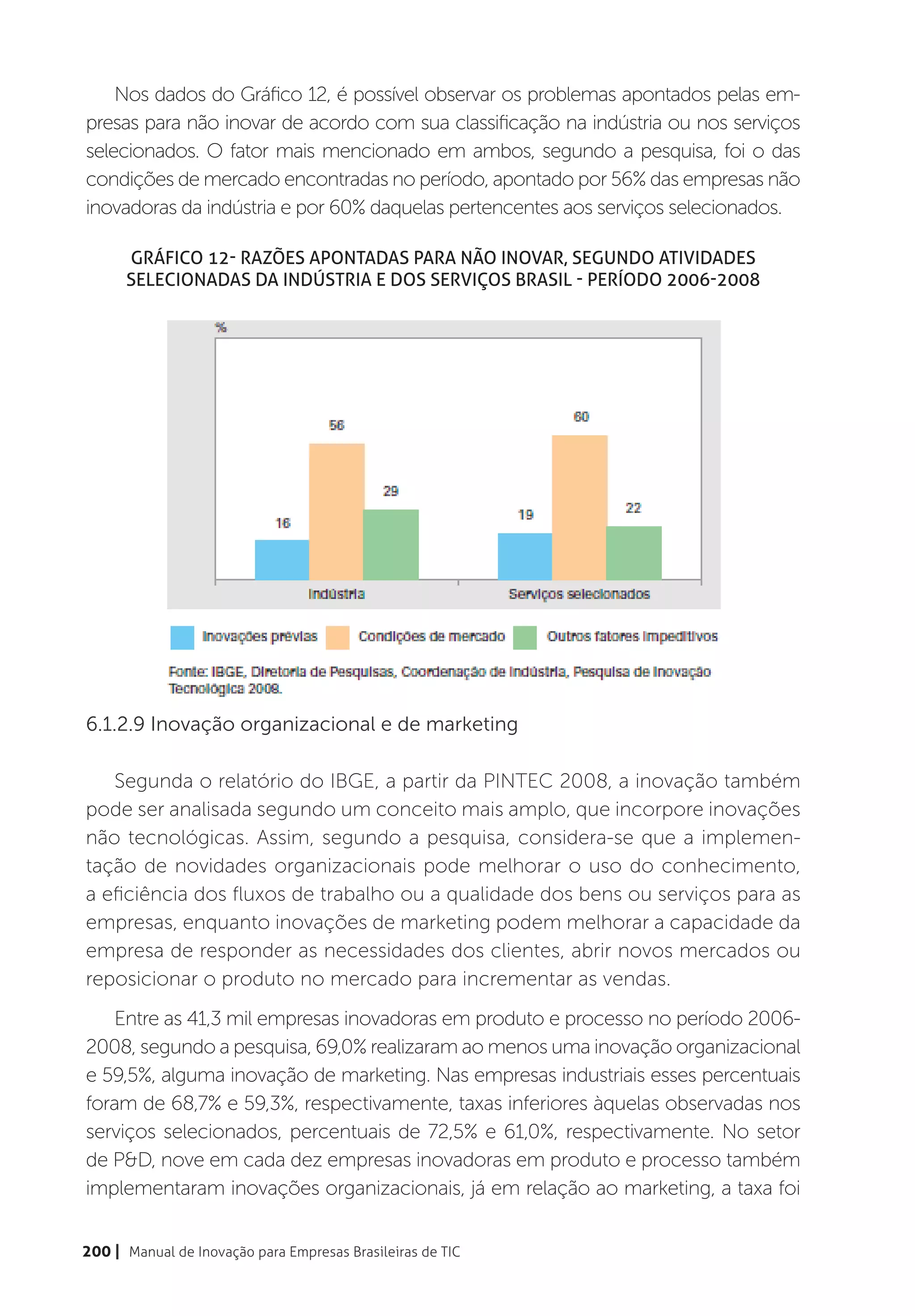 Nos dados do Gráfico 12, é possível observar os problemas apontados pelas em-
presas para não inovar de acordo com sua classificação na indústria ou nos serviços
selecionados. O fator mais mencionado em ambos, segundo a pesquisa, foi o das
condições de mercado encontradas no período, apontado por 56% das empresas não
inovadoras da indústria e por 60% daquelas pertencentes aos serviços selecionados.

       Gráfico 12- Razões apontadas para não inovar, segundo atividades
      selecionadas da indústria e dos serviços Brasil - período 2006-2008




6.1.2.9 Inovação organizacional e de marketing

   Segunda o relatório do IBGE, a partir da PINTEC 2008, a inovação também
pode ser analisada segundo um conceito mais amplo, que incorpore inovações
não tecnológicas. Assim, segundo a pesquisa, considera-se que a implemen-
tação de novidades organizacionais pode melhorar o uso do conhecimento,
a eficiência dos fluxos de trabalho ou a qualidade dos bens ou serviços para as
empresas, enquanto inovações de marketing podem melhorar a capacidade da
empresa de responder as necessidades dos clientes, abrir novos mercados ou
reposicionar o produto no mercado para incrementar as vendas.
    Entre as 41,3 mil empresas inovadoras em produto e processo no período 2006-
2008, segundo a pesquisa, 69,0% realizaram ao menos uma inovação organizacional
e 59,5%, alguma inovação de marketing. Nas empresas industriais esses percentuais
foram de 68,7% e 59,3%, respectivamente, taxas inferiores àquelas observadas nos
serviços selecionados, percentuais de 72,5% e 61,0%, respectivamente. No setor
de P&D, nove em cada dez empresas inovadoras em produto e processo também
implementaram inovações organizacionais, já em relação ao marketing, a taxa foi


200 | Manual de Inovação para Empresas Brasileiras de TIC
 