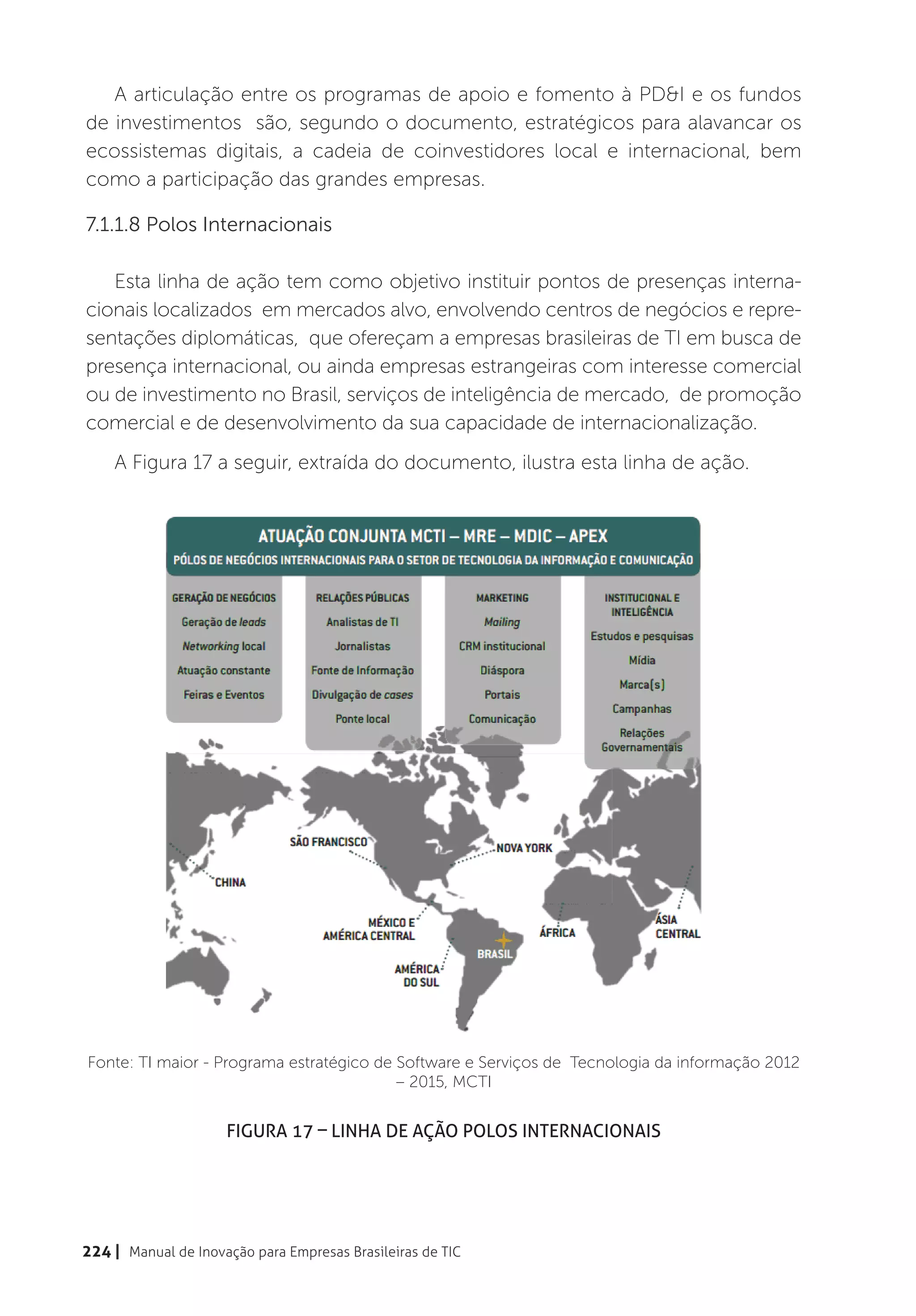 A articulação entre os programas de apoio e fomento à PD&I e os fundos
de investimentos são, segundo o documento, estratégicos para alavancar os
ecossistemas digitais, a cadeia de coinvestidores local e internacional, bem
como a participação das grandes empresas.

7.1.1.8 Polos Internacionais

   Esta linha de ação tem como objetivo instituir pontos de presenças interna-
cionais localizados em mercados alvo, envolvendo centros de negócios e repre-
sentações diplomáticas, que ofereçam a empresas brasileiras de TI em busca de
presença internacional, ou ainda empresas estrangeiras com interesse comercial
ou de investimento no Brasil, serviços de inteligência de mercado, de promoção
comercial e de desenvolvimento da sua capacidade de internacionalização.
    A Figura 17 a seguir, extraída do documento, ilustra esta linha de ação.




Fonte: TI maior - Programa estratégico de Software e Serviços de Tecnologia da informação 2012
                                          – 2015, MCTI


                     Figura 17 – Linha de Ação Polos Internacionais




224 | Manual de Inovação para Empresas Brasileiras de TIC
 