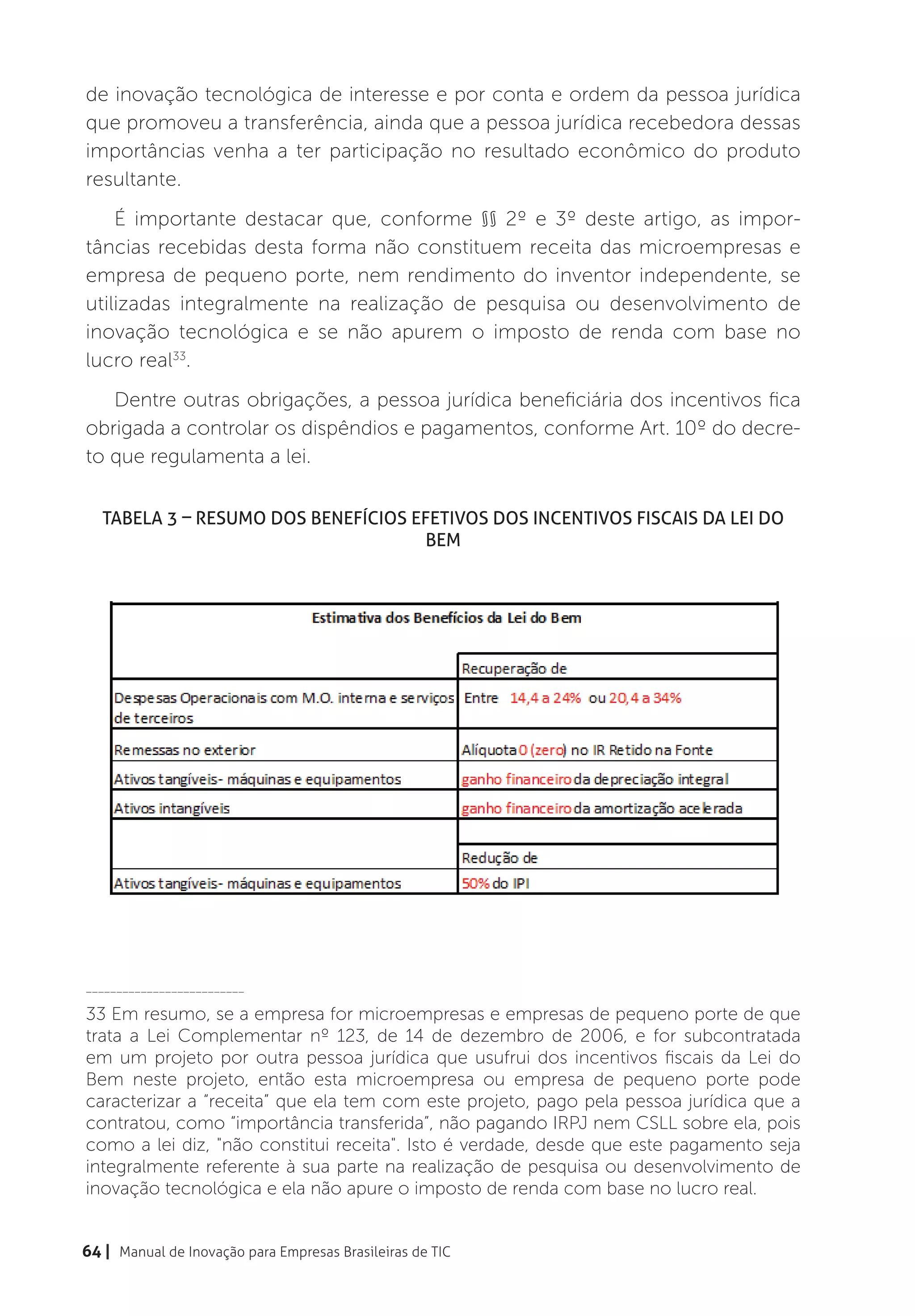 de inovação tecnológica de interesse e por conta e ordem da pessoa jurídica
que promoveu a transferência, ainda que a pessoa jurídica recebedora dessas
importâncias venha a ter participação no resultado econômico do produto
resultante.
    É importante destacar que, conforme §§ 2º e 3º deste artigo, as impor-
tâncias recebidas desta forma não constituem receita das microempresas e
empresa de pequeno porte, nem rendimento do inventor independente, se
utilizadas integralmente na realização de pesquisa ou desenvolvimento de
inovação tecnológica e se não apurem o imposto de renda com base no
lucro real33.
   Dentre outras obrigações, a pessoa jurídica beneficiária dos incentivos fica
obrigada a controlar os dispêndios e pagamentos, conforme Art. 10º do decre-
to que regulamenta a lei.


   Tabela 3 – Resumo dos Benefícios Efetivos dos Incentivos Fiscais da Lei do
                                     Bem




__________________________

33 Em resumo, se a empresa for microempresas e empresas de pequeno porte de que
trata a Lei Complementar nº 123, de 14 de dezembro de 2006, e for subcontratada
em um projeto por outra pessoa jurídica que usufrui dos incentivos fiscais da Lei do
Bem neste projeto, então esta microempresa ou empresa de pequeno porte pode
caracterizar a “receita” que ela tem com este projeto, pago pela pessoa jurídica que a
contratou, como “importância transferida”, não pagando IRPJ nem CSLL sobre ela, pois
como a lei diz, "não constitui receita". Isto é verdade, desde que este pagamento seja
integralmente referente à sua parte na realização de pesquisa ou desenvolvimento de
inovação tecnológica e ela não apure o imposto de renda com base no lucro real.


64 | Manual de Inovação para Empresas Brasileiras de TIC
 