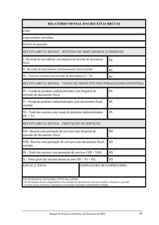 Manual do Processo Eletrônico de Inscrição do MEI 19
RELATÓRIO MENSAL DAS RECEITAS BRUTAS
CNPJ:
Empreendedor individual:
Período de apuração:
RECEITA BRUTA MENSAL - REVENDA DE MERCADORIAS (COMÉRCIO)
I - Revenda de mercadorias com dispensa de emissão de documento
fiscal
R$
II - Revenda de mercadorias com documento fiscal emitido R$
III - Total das receitas com revenda de mercadorias (I + II) R$
RECEITA BRUTA MENSAL - VENDA DE PRODUTOS INDUSTRIALIZADOS (INDÚSTRIA)
IV - Venda de produtos industrializados com dispensa de
emissão de documento fiscal
R$
V - Venda de produtos industrializados com documento fiscal
emitido
R$
VI - Total das receitas com venda de produtos industrializados
(IV + V)
R$
RECEITA BRUTA MENSAL - PRESTAÇÃO DE SERVIÇOS
VII - Receita com prestação de serviços com dispensa de
emissão de documento fiscal
R$
VIII - Receita com prestação de serviços com documento fiscal
emitido
R$
IX - Total das receitas com prestação de serviços (VII + VIII) R$
X - Total geral das receitas brutas no mês (III + VI + IX) R$
LOCAL E DATA: ASSINATURA DO EMPRESÁRIO:
ENCONTRAM-SE ANEXADOS A ESTE RELATÓRIO:
- Os documentos fiscais comprobatórios das entradas de mercadorias e serviços tomados referentes ao período;
- As notas fiscais relativas às operações ou prestações realizadas eventualmente emitidas.
 
