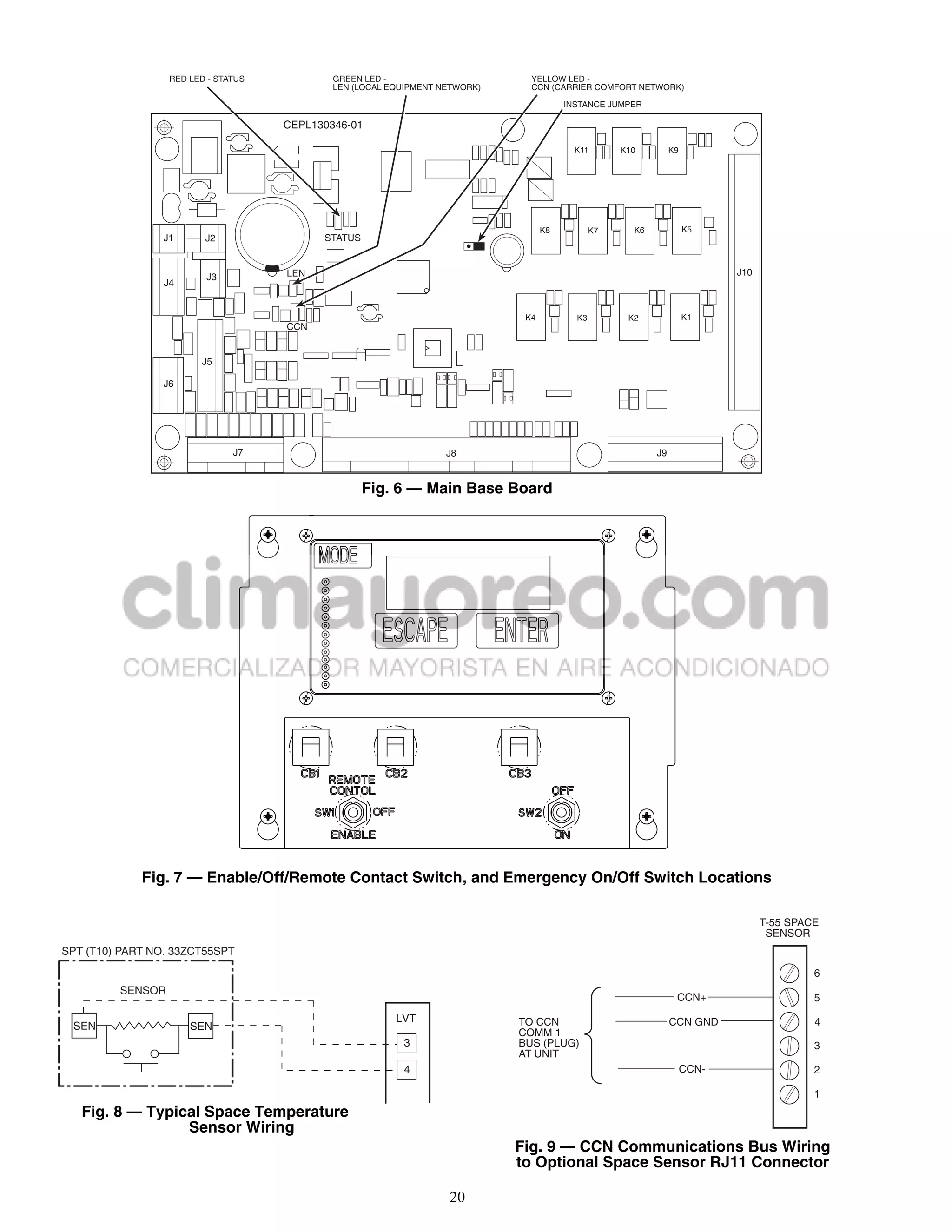RED LED - STATUS           GREEN LED -                       YELLOW LED -
                                             LEN (LOCAL EQUIPMENT NETWORK)     CCN (CARRIER COMFORT NETWORK)

                                                                                        INSTANCE JUMPER

                                     CEPL130346-01

                                                                                          K11       K10         K9




                                                                                   K8          K7     K6             K5
                 J1      J2                STATUS



                         J3          LEN                                                                                    J10
                 J4


                                                                              K4          K3         K2              K1
                                     CCN


                        J5

                 J6




                               J7                                  J8                                      J9


                                                    Fig. 6 — Main Base Board




                                                                                                                                   a30-4967




             Fig. 7 — Enable/Off/Remote Contact Switch, and Emergency On/Off Switch Locations

                                                                                                                                  T-55 SPACE
                                               a30-4968                                                                            SENSOR
SPT (T10) PART NO. 33ZCT55SPT

                                                                                                                                           6
         SENSOR
                                                                                                                 CCN+                      5
                                                         LVT                 TO CCN                             CCN GND                    4
 SEN                  SEN
                                                                             COMM 1
                                                          3                  BUS (PLUG)                                                    3
                                                                             AT UNIT
                                                          4                                                          CCN-                  2

                                                                                                                                           1
   Fig. 8 — Typical Space Temperature
                 Sensor Wiring
                                                                             Fig. 9 — CCN Communications Bus Wiring
                                                                             to Optional Space Sensor RJ11 Connector

                                                                   20
 
