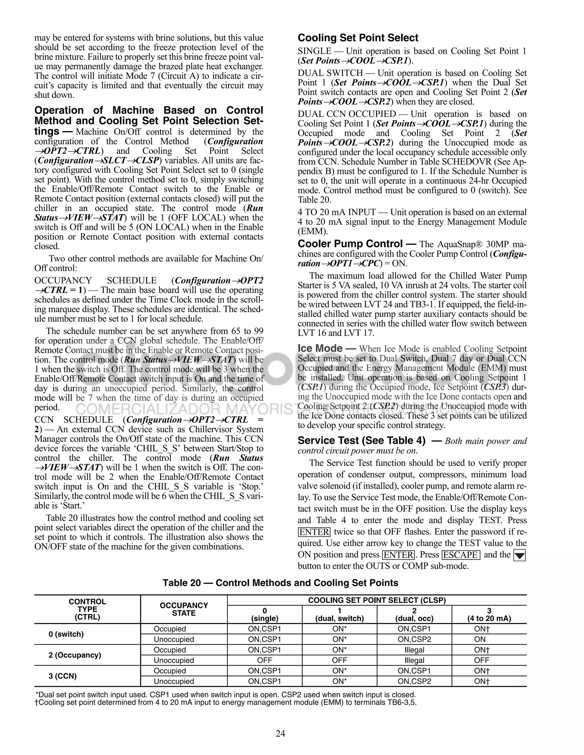 may be entered for systems with brine solutions, but this value            Cooling Set Point Select
should be set according to the freeze protection level of the              SINGLE — Unit operation is based on Cooling Set Point 1
brine mixture. Failure to properly set this brine freeze point val-        (Set PointsCOOLCSP.1).
ue may permanently damage the brazed plate heat exchanger.
The control will initiate Mode 7 (Circuit A) to indicate a cir-            DUAL SWITCH — Unit operation is based on Cooling Set
cuit’s capacity is limited and that eventually the circuit may             Point 1 (Set PointsCOOLCSP.1) when the Dual Set
shut down.                                                                 Point switch contacts are open and Cooling Set Point 2 (Set
                                                                           PointsCOOLCSP.2) when they are closed.
Operation of Machine Based on Control                                      DUAL CCN OCCUPIED — Unit operation is based on
Method and Cooling Set Point Selection Set-                                Cooling Set Point 1 (Set PointsCOOLCSP.1) during the
tings — Machine On/Off control is determined by the                        Occupied mode and Cooling Set Point 2 (Set
configuration of the Control Method              (Configuration            PointsCOOLCSP.2) during the Unoccupied mode as
OPT2CTRL) and Cooling Set Point Select                                   configured under the local occupancy schedule accessible only
(ConfigurationSLCTCLSP) variables. All units are fac-                    from CCN. Schedule Number in Table SCHEDOVR (See Ap-
tory configured with Cooling Set Point Select set to 0 (single             pendix B) must be configured to 1. If the Schedule Number is
set point). With the control method set to 0, simply switching             set to 0, the unit will operate in a continuous 24-hr Occupied
the Enable/Off/Remote Contact switch to the Enable or                      mode. Control method must be configured to 0 (switch). See
Remote Contact position (external contacts closed) will put the            Table 20.
chiller in an occupied state. The control mode (Run                        4 TO 20 mA INPUT — Unit operation is based on an external
StatusVIEWSTAT) will be 1 (OFF LOCAL) when the                           4 to 20 mA signal input to the Energy Management Module
switch is Off and will be 5 (ON LOCAL) when in the Enable                  (EMM).
position or Remote Contact position with external contacts
closed.                                                                    Cooler Pump Control — The AquaSnap® 30MP ma-
     Two other control methods are available for Machine On/               chines are configured with the Cooler Pump Control (Configu-
                                                                           rationOPT1CPC) = ON.
Off control:
OCCUPANCY             SCHEDULE         (ConfigurationOPT2                     The maximum load allowed for the Chilled Water Pump
                                                                           Starter is 5 VA sealed, 10 VA inrush at 24 volts. The starter coil
CTRL = 1) — The main base board will use the operating                    is powered from the chiller control system. The starter should
schedules as defined under the Time Clock mode in the scroll-              be wired between LVT 24 and TB3-1. If equipped, the field-in-
ing marquee display. These schedules are identical. The sched-             stalled chilled water pump starter auxiliary contacts should be
ule number must be set to 1 for local schedule.
                                                                           connected in series with the chilled water flow switch between
    The schedule number can be set anywhere from 65 to 99                  LVT 16 and LVT 17.
for operation under a CCN global schedule. The Enable/Off/
Remote Contact must be in the Enable or Remote Contact posi-               Ice Mode — When Ice Mode is enabled Cooling Setpoint
tion. The control mode (Run StatusVIEWSTAT) will be                      Select must be set to Dual Switch, Dual 7 day or Dual CCN
1 when the switch is Off. The control mode will be 3 when the              Occupied and the Energy Management Module (EMM) must
Enable/Off/Remote Contact switch input is On and the time of               be installed. Unit operation is based on Cooling Setpoint 1
day is during an unoccupied period. Similarly, the control                 (CSP.1) during the Occupied mode, Ice Setpoint (CSP.3) dur-
mode will be 7 when the time of day is during an occupied                  ing the Unoccupied mode with the Ice Done contacts open and
period.                                                                    Cooling Setpoint 2 (CSP.2) during the Unoccupied mode with
CCN SCHEDULE (ConfigurationOPT2CTRL =                                    the Ice Done contacts closed. These 3 set points can be utilized
2) — An external CCN device such as Chillervisor System                    to develop your specific control strategy.
Manager controls the On/Off state of the machine. This CCN                 Service Test (See Table 4) — Both main power and
device forces the variable ‘CHIL_S_S’ between Start/Stop to                control circuit power must be on.
control the chiller. The control mode (Run Status
VIEWSTAT) will be 1 when the switch is Off. The con-                        The Service Test function should be used to verify proper
trol mode will be 2 when the Enable/Off/Remote Contact                     operation of condenser output, compressors, minimum load
switch input is On and the CHIL_S_S variable is ‘Stop.’                    valve solenoid (if installed), cooler pump, and remote alarm re-
Similarly, the control mode will be 6 when the CHIL_S_S vari-              lay. To use the Service Test mode, the Enable/Off/Remote Con-
able is ‘Start.’                                                           tact switch must be in the OFF position. Use the display keys
    Table 20 illustrates how the control method and cooling set            and Table 4 to enter the mode and display TEST. Press
point select variables direct the operation of the chiller and the          ENTER twice so that OFF flashes. Enter the password if re-
set point to which it controls. The illustration also shows the
ON/OFF state of the machine for the given combinations.                    quired. Use either arrow key to change the TEST value to the
                                                                           ON position and press ENTER . Press ESCAPE and the
                                                                           button to enter the OUTS or COMP sub-mode.
                                     Table 20 — Control Methods and Cooling Set Points
          CONTROL                                                             COOLING SET POINT SELECT (CLSP)
            TYPE                    OCCUPANCY
                                      STATE                        0                  1                2                         3
           (CTRL)                                              (single)        (dual, switch)    (dual, occ)               (4 to 20 mA)
                                  Occupied                    ON,CSP1              ON*            ON,CSP1                    ON†
    0 (switch)
                                  Unoccupied                  ON,CSP1              ON*            ON,CSP2                    ON
                                  Occupied                    ON,CSP1              ON*             Illegal                   ON†
    2 (Occupancy)
                                  Unoccupied                     OFF               OFF             Illegal                   OFF
                                  Occupied                    ON,CSP1              ON*            ON,CSP1                    ON†
    3 (CCN)
                                  Unoccupied                  ON,CSP1              ON*            ON,CSP2                    ON†
*Dual set point switch input used. CSP1 used when switch input is open. CSP2 used when switch input is closed.
†Cooling set point determined from 4 to 20 mA input to energy management module (EMM) to terminals TB6-3,5.



                                                                      24
 