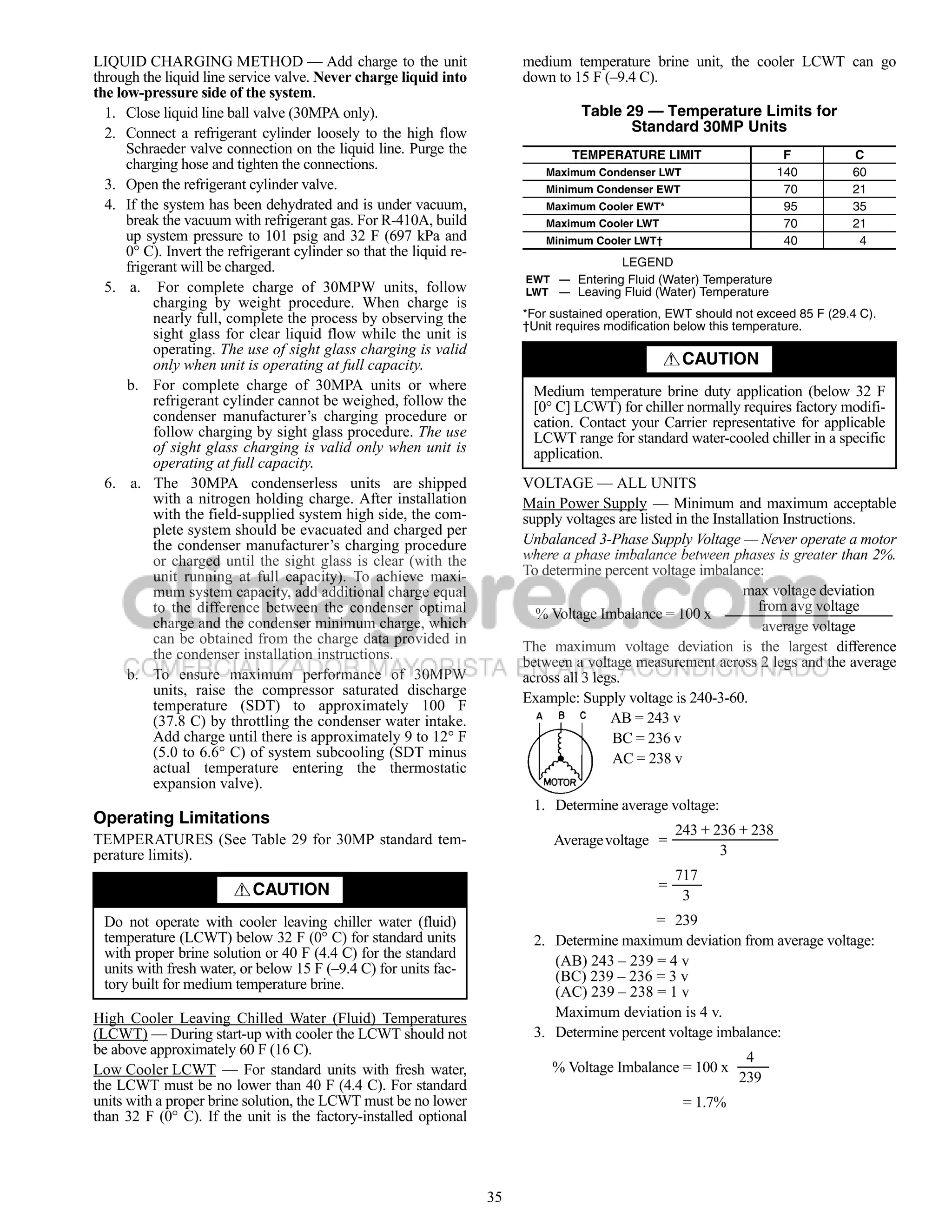 LIQUID CHARGING METHOD — Add charge to the unit                            medium temperature brine unit, the cooler LCWT can go
through the liquid line service valve. Never charge liquid into            down to 15 F (–9.4 C).
the low-pressure side of the system.
  1. Close liquid line ball valve (30MPA only).                                      Table 29 — Temperature Limits for
  2. Connect a refrigerant cylinder loosely to the high flow                                Standard 30MP Units
      Schraeder valve connection on the liquid line. Purge the                     TEMPERATURE LIMIT                     F          C
      charging hose and tighten the connections.                               Maximum Condenser LWT                    140         60
  3. Open the refrigerant cylinder valve.                                      Minimum Condenser EWT                     70         21
  4. If the system has been dehydrated and is under vacuum,                    Maximum Cooler EWT*                       95         35
      break the vacuum with refrigerant gas. For R-410A, build                 Maximum Cooler LWT                        70         21
      up system pressure to 101 psig and 32 F (697 kPa and                     Minimum Cooler LWT†                       40          4
      0° C). Invert the refrigerant cylinder so that the liquid re-
      frigerant will be charged.                                                            LEGEND
                                                                           EWT — Entering Fluid (Water) Temperature
  5. a. For complete charge of 30MPW units, follow                         LWT — Leaving Fluid (Water) Temperature
           charging by weight procedure. When charge is
           nearly full, complete the process by observing the              *For sustained operation, EWT should not exceed 85 F (29.4 C).
                                                                           †Unit requires modification below this temperature.
           sight glass for clear liquid flow while the unit is
           operating. The use of sight glass charging is valid
           only when unit is operating at full capacity.                                               CAUTION
      b. For complete charge of 30MPA units or where                        Medium temperature brine duty application (below 32 F
           refrigerant cylinder cannot be weighed, follow the               [0° C] LCWT) for chiller normally requires factory modifi-
           condenser manufacturer’s charging procedure or                   cation. Contact your Carrier representative for applicable
           follow charging by sight glass procedure. The use                LCWT range for standard water-cooled chiller in a specific
           of sight glass charging is valid only when unit is               application.
           operating at full capacity.
  6. a. The 30MPA condenserless units are shipped                          VOLTAGE — ALL UNITS
           with a nitrogen holding charge. After installation              Main Power Supply — Minimum and maximum acceptable
           with the field-supplied system high side, the com-              supply voltages are listed in the Installation Instructions.
           plete system should be evacuated and charged per
           the condenser manufacturer’s charging procedure                 Unbalanced 3-Phase Supply Voltage — Never operate a motor
           or charged until the sight glass is clear (with the             where a phase imbalance between phases is greater than 2%.
           unit running at full capacity). To achieve maxi-                To determine percent voltage imbalance:
           mum system capacity, add additional charge equal                                  a30-4979             max voltage deviation
           to the difference between the condenser optimal                                                            from avg voltage
                                                                             % Voltage Imbalance = 100 x
           charge and the condenser minimum charge, which                                                              average voltage
           can be obtained from the charge data provided in
           the condenser installation instructions.                        The maximum voltage deviation is the largest difference
                                                                           between a voltage measurement across 2 legs and the average
      b. To ensure maximum performance of 30MPW                            across all 3 legs.
           units, raise the compressor saturated discharge
           temperature (SDT) to approximately 100 F                        Example: Supply voltage is 240-3-60.
           (37.8 C) by throttling the condenser water intake.                              AB = 243 v
           Add charge until there is approximately 9 to 12° F                              BC = 236 v
           (5.0 to 6.6° C) of system subcooling (SDT minus                                 AC = 238 v
           actual temperature entering the thermostatic
           expansion valve).
                                                                            1. Determine average voltage:
Operating Limitations
                                                                                                      243 + 236 + 238
TEMPERATURES (See Table 29 for 30MP standard tem-                               Average voltage =
perature limits).                                                                                            3
                                                                                                      717
                            CAUTION                                                               =
                                                                                                       3
 Do not operate with cooler leaving chiller water (fluid)                                     = 239
 temperature (LCWT) below 32 F (0° C) for standard units                    2. Determine maximum deviation from average voltage:
 with proper brine solution or 40 F (4.4 C) for the standard
                                                                               (AB) 243 – 239 = 4 v
 units with fresh water, or below 15 F (–9.4 C) for units fac-                 (BC) 239 – 236 = 3 v
 tory built for medium temperature brine.                                      (AC) 239 – 238 = 1 v
High Cooler Leaving Chilled Water (Fluid) Temperatures                         Maximum deviation is 4 v.
(LCWT) — During start-up with cooler the LCWT should not                    3. Determine percent voltage imbalance:
be above approximately 60 F (16 C).                                                                              4
Low Cooler LCWT — For standard units with fresh water,                          % Voltage Imbalance = 100 x
                                                                                                                239
the LCWT must be no lower than 40 F (4.4 C). For standard
units with a proper brine solution, the LCWT must be no lower                                          = 1.7%
than 32 F (0° C). If the unit is the factory-installed optional




                                                                      35
 