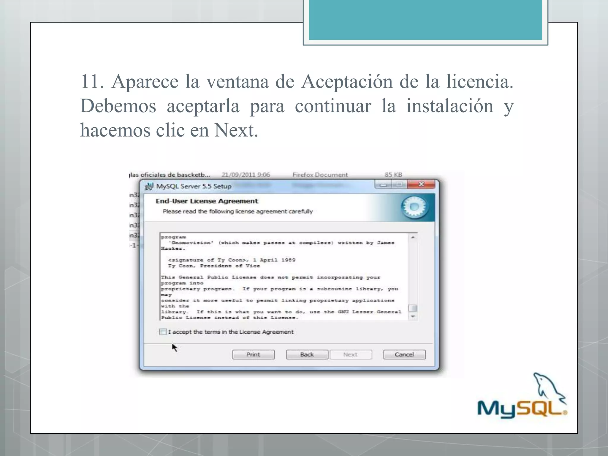11. Aparece la ventana de Aceptación de la licencia. Debemos aceptarla para continuar la instalación y hacemos clic en Next.