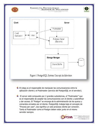 El Libpq es el responsable de manipular las comunicaciones entre la
aplicación cliente y el Postmaster (servicio del PostgreSQL en el servidor).
El server está compuesto por 2 grandes subsistemas, el “Postmaster” que
es el responsable de aceptar las comunicaciones con el cliente y autentificar
y dar acceso. El “Postgre” se encarga de la administración de los querys y
comandos enviados por el cliente. PostgreSQL trabaja bajo el concepto de
“Process per user”, eso significa un solo procesos cliente por conexión.
Tanto el Postmaster como el Postgre deben estar junto en el mismo
servidor siempre.
 