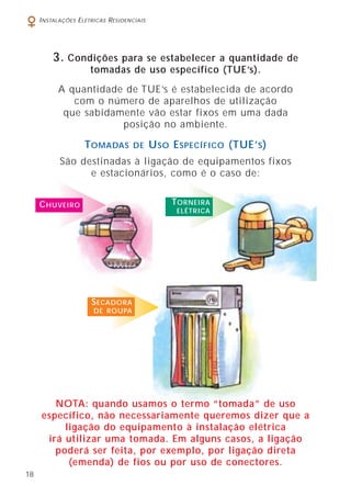 18
INSTALAÇÕES ELÉTRICAS RESIDENCIAIS
TOMADAS DE USO ESPECÍFICO (TUE’S)
São destinadas à ligação de equipamentos fixos
e estacionários, como é o caso de:
3. Condições para se estabelecer a quantidade de
tomadas de uso específico (TUE’s).
A quantidade de TUE’s é estabelecida de acordo
com o número de aparelhos de utilização
que sabidamente vão estar fixos em uma dada
posição no ambiente.
SECADORA
DE ROUPA
TORNEIRA
ELÉTRICA
CHUVEIRO
NOTA: quando usamos o termo “tomada” de uso
específico, não necessariamente queremos dizer que a
ligação do equipamento à instalação elétrica
irá utilizar uma tomada. Em alguns casos, a ligação
poderá ser feita, por exemplo, por ligação direta
(emenda) de fios ou por uso de conectores.
 