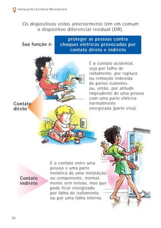 34
INSTALAÇÕES ELÉTRICAS RESIDENCIAIS
Os dispositivos vistos anteriormente têm em comum
o dispositivo diferencial residual (DR).
proteger as pessoas contra
choques elétricos provocados por
contato direto e indireto
Contato
indireto
Sua função é:
Contato
direto
É o contato acidental,
seja por falha de
isolamento, por ruptura
ou remoção indevida
de partes isolantes:
ou, então, por atitude
imprudente de uma pessoa
com uma parte elétrica
normalmente
energizada (parte viva).
É o contato entre uma
pessoa e uma parte
metálica de uma instalação
ou componente, normal-
mente sem tensão, mas que
pode ficar energizada
por falha de isolamento
ou por uma falha interna.
 