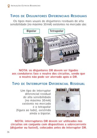 36
INSTALAÇÕES ELÉTRICAS RESIDENCIAIS
Os tipos mais usuais de disjuntores residuais de alta
sensibilidade (no máximo 30mA) existentes no mercado são:
TIPOS DE DISJUNTORES DIFERENCIAIS RESIDUAIS
NOTA: interruptores DR devem ser utilizados nos
circuitos em conjunto com dispositivos a sobrecorrente
(disjuntor ou fusível), colocados antes do interruptor DR.
Bipolar Tetrapolar
NOTA: os disjuntores DR devem ser ligados
aos condutores fase e neutro dos circuitos, sendo que
o neutro não pode ser aterrado após o DR.
TIPO DE INTERRUPTOR DIFERENCIAL RESIDUAL
Um tipo de interruptor
diferencial residual
de alta sensibilidade
(no máximo 30 mA)
existente no mercado
é o tetrapolar
(figura ao lado), existindo
ainda o bipolar.
 