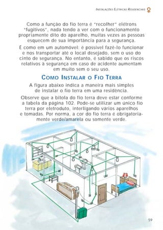 INSTALAÇÕES ELÉTRICAS RESIDENCIAIS
59
Como a função do fio terra é “recolher” elétrons
“fugitivos”, nada tendo a ver com o funcionamento
propriamente dito do aparelho, muitas vezes as pessoas
esquecem de sua importância para a segurança.
É como em um automóvel: é possível fazê-lo funcionar
e nos transportar até o local desejado, sem o uso do
cinto de segurança. No entanto, é sabido que os riscos
relativos à segurança em caso de acidente aumentam
em muito sem o seu uso.
COMO INSTALAR O FIO TERRA
A figura abaixo indica a maneira mais simples
de instalar o fio terra em uma residência.
Observe que a bitola do fio terra deve estar conforme
a tabela da página 102. Pode-se utilizar um único fio
terra por eletroduto, interligando vários aparelhos
e tomadas. Por norma, a cor do fio terra é obrigatoria-
mente verde/amarela ou somente verde.
 