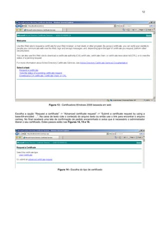 12

Figura 13 - Certificadora Windows 2008 baseada em web

Escolha a opção “Request a certificate” -> “Advanced certificate request” -> “Submit a certificate request by using a
base-64-encoded …”. Na caixa de texto cole o conteúdo do arquivo texto ou então use o link para encontrar o arquivo
certreq. No final receberá uma tela de confirmação de pedido encaminhado e avisa que é necessário o administrador
liberar o seu certificado. Estes passos estão nas Figuras 14, 15 e 16.

Figura 14 - Escolha do tipo de certificado

 