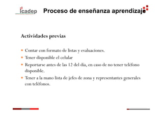 Proceso de enseñanza aprendizaje


Actividades previas

—  Contar con formato de listas y evaluaciones.
—  Tener disponible el celular
—  Reportarse antes de las 12 del día, en caso de no tener teléfono
    disponible.
—  Tener a la mano lista de jefes de zona y representantes generales
    con teléfonos.
 