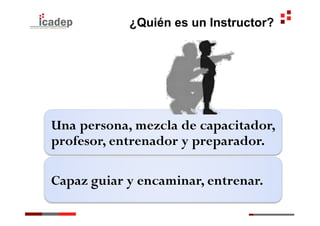 ¿Quién es un Instructor?




Una persona, mezcla de capacitador,
profesor, entrenador y preparador.

Capaz guiar y encaminar, entrenar.
 