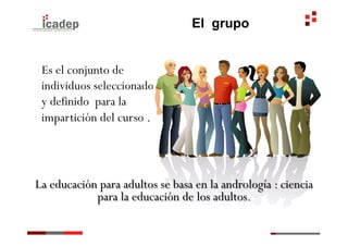 El grupo


 Es el conjunto de
 individuos seleccionado
 y definido para la
 impartición del curso .




La educación para adultos se basa en la andrología : ciencia
            para la educación de los adultos.
 