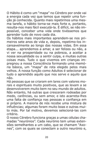 20
O Hábito é como um “mapa” no Cérebro por onde vai
a energia cada vez que temos que repetir uma fun-
ção já conhecida. Quanto mais repetirmos uma mes-
ma tarefa, o hábito torna-se mais forte e, portanto,
resulta-nos mais fácil executá-la. É difícil, se não im-
possível, conceber uma vida onde tivéssemos que
aprender tudo de novo cada dia.
Os hábitos mais importantes aprendem-se nos pri-
meiros sete anos de vida e, depois, repetimo-los in-
cansavelmente ao longo das nossas vidas. Em essa
etapa... aprendemos a amar, a ser felizes ou não, a
vi ver na prosperidade ou na pobreza, a aceitar a
nossa sexualidade ou a sentir culpa, e muitas outras
coisas mais. Tudo o que vivemos em crianças im-
pregnou a nossa Consciência formando uma memó-
ria básica, um “mapa” de rota elegido pelos mais
velhos. A nossa função como Adultos é selecionar de
tudo o aprendido aquilo que nos serve e aquilo que
não.
Há pessoas que se criaram em lares com valores mo-
rais e espirituais muito positivos, que as levam a se
desenvolverem muito bem no seu mundo de adultos.
Não entanto, há outras que cresceram rodeadas por
medo, carências, ou sem amor, e isto acarreta-lhes
uma falta de confiança nas pessoas e confiança em
si próprio. A maioria de nós recebe uma mistura de
influências; algumas foram muito boas e outras mui-
to más. Por tal motivo, devemos selecioná-las com
critério.
O nosso Cérebro funciona graças a umas células cha-
madas “neurónios”. Cada neurónio tem umas exten-
sões semelhantes a um cabo, que se chamam “Axo-
nes”, com os quais se conectam a outro neurónio e,
 