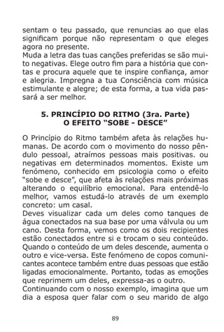 89
sentam o teu passado, que renuncias ao que elas
significam porque não representam o que eleges
agora no presente.
Muda a letra das tuas canções preferidas se são mui-
to negativas. Elege outro fim para a história que con-
tas e procura aquele que te inspire confiança, amor
e alegria. Impregna a tua Consciência com música
estimulante e alegre; de esta forma, a tua vida pas-
sará a ser melhor.
5. PRINCÍPIO DO RITMO (3ra. Parte)
O EFEITO “SOBE - DESCE”
O Princípio do Ritmo também afeta às relações hu-
manas. De acordo com o movimento do nosso pên-
dulo pessoal, atraímos pessoas mais positivas. ou
negativas em determinados momentos. Existe um
fenómeno, conhecido em psicologia como o efeito
“sobe e desce”, que afeta às relações mais próximas
alterando o equilíbrio emocional. Para entendê-lo
melhor, vamos estudá-lo através de um exemplo
concreto: um casal.
Deves visualizar cada um deles como tanques de
água conectados na sua base por uma válvula ou um
cano. Desta forma, vemos como os dois recipientes
estão conectados entre si e trocam o seu conteúdo.
Quando o conteúdo de um deles descende, aumenta o
outro e vice-versa. Este fenómeno de copos comuni-
cantes acontece também entre duas pessoas que estão
ligadas emocionalmente. Portanto, todas as emoções
que reprimem um deles, expressa-as o outro.
Continuando com o nosso exemplo, imagina que um
dia a esposa quer falar com o seu marido de algo
 