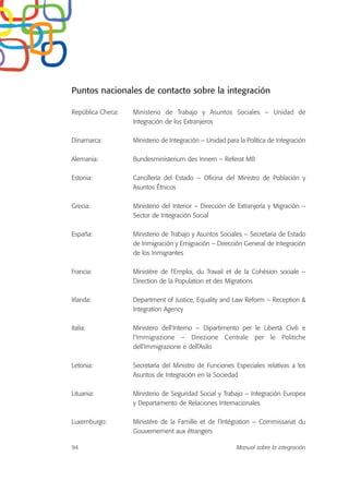 Puntos nacionales de contacto sobre la integración
República Checa: Ministerio de Trabajo y Asuntos Sociales – Unidad de
Integración de los Extranjeros
Dinamarca: Ministerio de Integración – Unidad para la Política de Integración
Alemania: Bundesministerium des Innern – Referat M8
Estonia: Cancillería del Estado – Oficina del Ministro de Población y
Asuntos Étnicos
Grecia: Ministerio del Interior – Dirección de Extranjería y Migración –
Sector de Integración Social
España: Ministerio de Trabajo y Asuntos Sociales – Secretaria de Estado
de Inmigración y Emigración – Dirección General de Integración
de los Inmigrantes
Francia: Ministère de l’Emploi, du Travail et de la Cohésion sociale –
Direction de la Population et des Migrations
Irlanda: Department of Justice, Equality and Law Reform – Reception &
Integration Agency
Italia: Ministero dell’Interno – Dipartimento per le Libertà Civili e
l’Immigrazione – Direzione Centrale per le Politiche
dell’Immigrazione e dell’Asilo
Letonia: Secretaría del Ministro de Funciones Especiales relativas a los
Asuntos de Integración en la Sociedad
Lituania: Ministerio de Seguridad Social y Trabajo – Integración Europea
y Departamento de Relaciones Internacionales
Luxemburgo: Ministère de la Famille et de l’Intégration – Commissariat du
Gouvernement aux étrangers
94 Manual sobre la integración
 