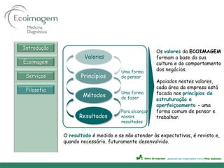 Introdução
                                                     Os valores da ECOIMAGEM
                      Valores                        formam a base da sua
Ecoimagem                                            cultura e do comportamento
                                     Uma forma       dos negócios.
 Serviços           Princípios       de pensar
                                                     Apoiados nestes valores,
                                                     cada área da empresa está
 Filosofia
                                     Uma forma       focada nos princípios de
                     Métodos         de fazer        estruturação e
                                                     aperfeiçoamento – uma
                                     Para alcançar   forma comum de pensar e
                   Resultados        nossos          trabalhar.
                                     resultados


             O resultado é medido e se não atender às expectativas, é revisto e,
             quando necessário, futuramente desenvolvido.
 