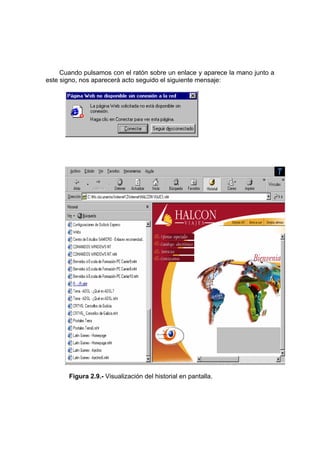 Cuando pulsamos con el ratón sobre un enlace y aparece la mano junto a
este signo, nos aparecerá acto seguido el siguiente mensaje:




       Figura 2.9.- Visualización del historial en pantalla.
 