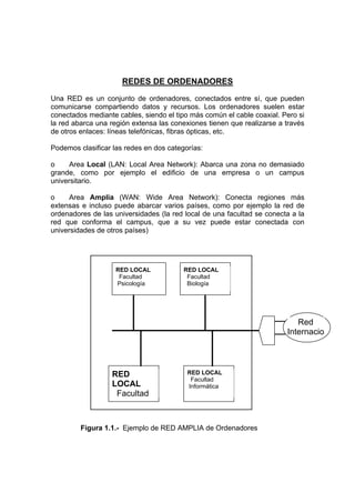 REDES DE ORDENADORES
Una RED es un conjunto de ordenadores, conectados entre sí, que pueden
comunicarse compartiendo datos y recursos. Los ordenadores suelen estar
conectados mediante cables, siendo el tipo más común el cable coaxial. Pero si
la red abarca una región extensa las conexiones tienen que realizarse a través
de otros enlaces: líneas telefónicas, fibras ópticas, etc.

Podemos clasificar las redes en dos categorías:

o     Area Local (LAN: Local Area Network): Abarca una zona no demasiado
grande, como por ejemplo el edificio de una empresa o un campus
universitario.

o     Area Amplia (WAN: Wide Area Network): Conecta regiones más
extensas e incluso puede abarcar varios países, como por ejemplo la red de
ordenadores de las universidades (la red local de una facultad se conecta a la
red que conforma el campus, que a su vez puede estar conectada con
universidades de otros países)




                    RED LOCAL            RED LOCAL
                     Facultad             Facultad
                    Psicología            Biología




                                                                           Red
                                                                        Internacio




                  RED                     RED LOCAL
                                           Facultad
                  LOCAL                   Informática
                   Facultad



         Figura 1.1.- Ejemplo de RED AMPLIA de Ordenadores
 