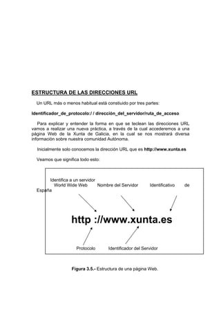 ESTRUCTURA DE LAS DIRECCIONES URL
  Un URL más o menos habitual está constiuido por tres partes:

Identificador_de_protocolo:/ / dirección_del_servidor/ruta_de_acceso

   Para explicar y entender la forma en que se teclean las direcciones URL
vamos a realizar una nueva práctica, a través de la cual accederemos a una
página Web de la Xunta de Galicia, en la cual se nos mostrará diversa
información sobre nuestra comunidad Autónoma.

  Inicialmente solo conocemos la dirección URL que es http://www.xunta.es

  Veamos que significa todo esto:



       Identifica a un servidor
         World Wide Web         Nombre del Servidor       Identificativo   de
  España




                   http ://www.xunta.es

                     Protocolo       Identificador del Servidor



                   Figura 3.5.- Estructura de una página Web.
 