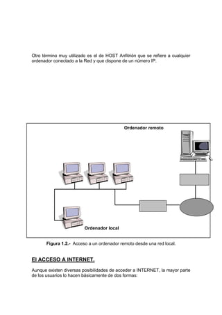 Otro término muy utilizado es el de HOST Anfitrión que se refiere a cualquier
ordenador conectado a la Red y que dispone de un número IP.




                                            Ordenador remoto




                         Ordenador local


       Figura 1.2.- Acceso a un ordenador remoto desde una red local.


El ACCESO A INTERNET.
Aunque existen diversas posibilidades de acceder a INTERNET, la mayor parte
de los usuarios lo hacen básicamente de dos formas:
 