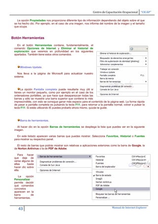 Centro de Capacitación Ocupacional      “CICAP”

   La opción Propiedades nos proporciona diferente tipo de información dependiendo del objeto sobre el que
 se ha hecho clic. Por ejemplo, en el caso de una imagen, nos informa del nombre de la imagen y el tamaño
 que ocupa.



Botón Herramientas

   En el botón Herramientas contiene, fundamentalmente, el
 comando Opciones de Internet y Eliminar el historial de
 exploración que veremos en profundidad en los siguientes
 apartados. También tiene estos otros comandos.



     Windows Update.

    Nos lleva a la página de Microsoft para actualizar nuestro
 sistema.



      La opción Pantalla completa puede resultarte muy útil si
 tienes un monitor pequeño, como por ejemplo en el caso de los
 ordenadores portátiles, ya que hace que desaparezcan todas las
 barras y sólo se muestre una barra superior que contiene lo más
 imprescindible, con esto se consigue ganar más espacio para el contenido de la página web. La forma rápida
 de pasar a pantalla completa es pulsando la tecla F11, para retornar a la pantalla normal, volver a pulsar la
 tecla F11. Si estás utilizando IE puedes probarlo ahora mismo, quizás te guste.



     Barra de herramientas.

   Al hacer clic en la opción Barras de herramientas se despliega la lista que puedes ver en la siguiente
 imagen.

   En este listado aparecen varias barras que puedes mostrar. Selecciona Favoritos, Historial o Fuentes
 para mostrar su respectivo panel.

   El resto de barras que podrás mostrar son relativas a aplicaciones exteriores como la barra de Google, la
 de Norton Antivirus o la de PDF de Adobe.

    Para    hacer
 que deje de
 verse alguna de
 ellas      basta
 hacer clic sobre
 ella.

    La     opción
 Personalizar
 permite decidir
 qué comandos
 concretos
 aparecen en la
 barra         de
 herramientas.


                                                                                  Manual de Internet Explorer
    43
 